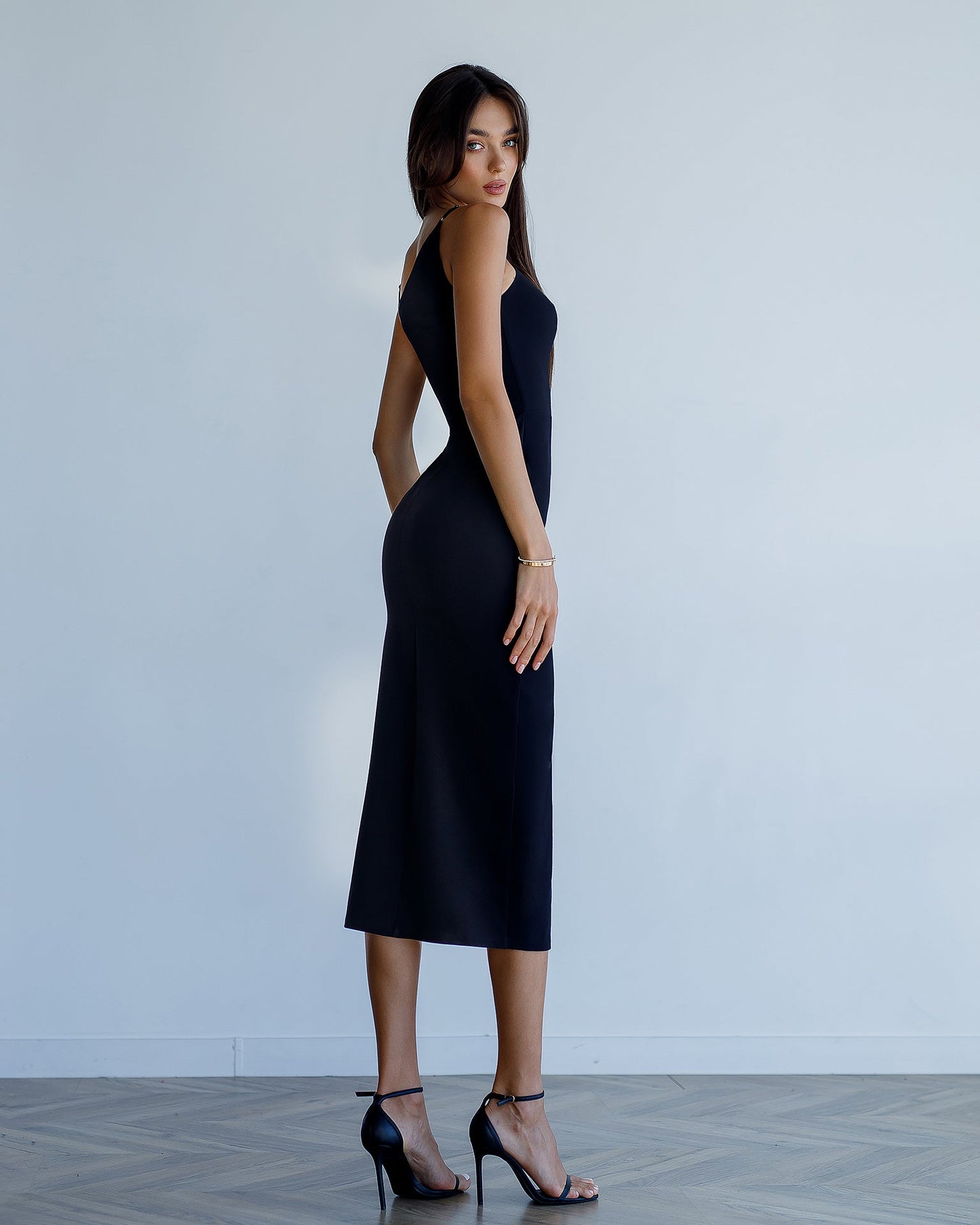 Black Asymmetric Neckline Midi Dress