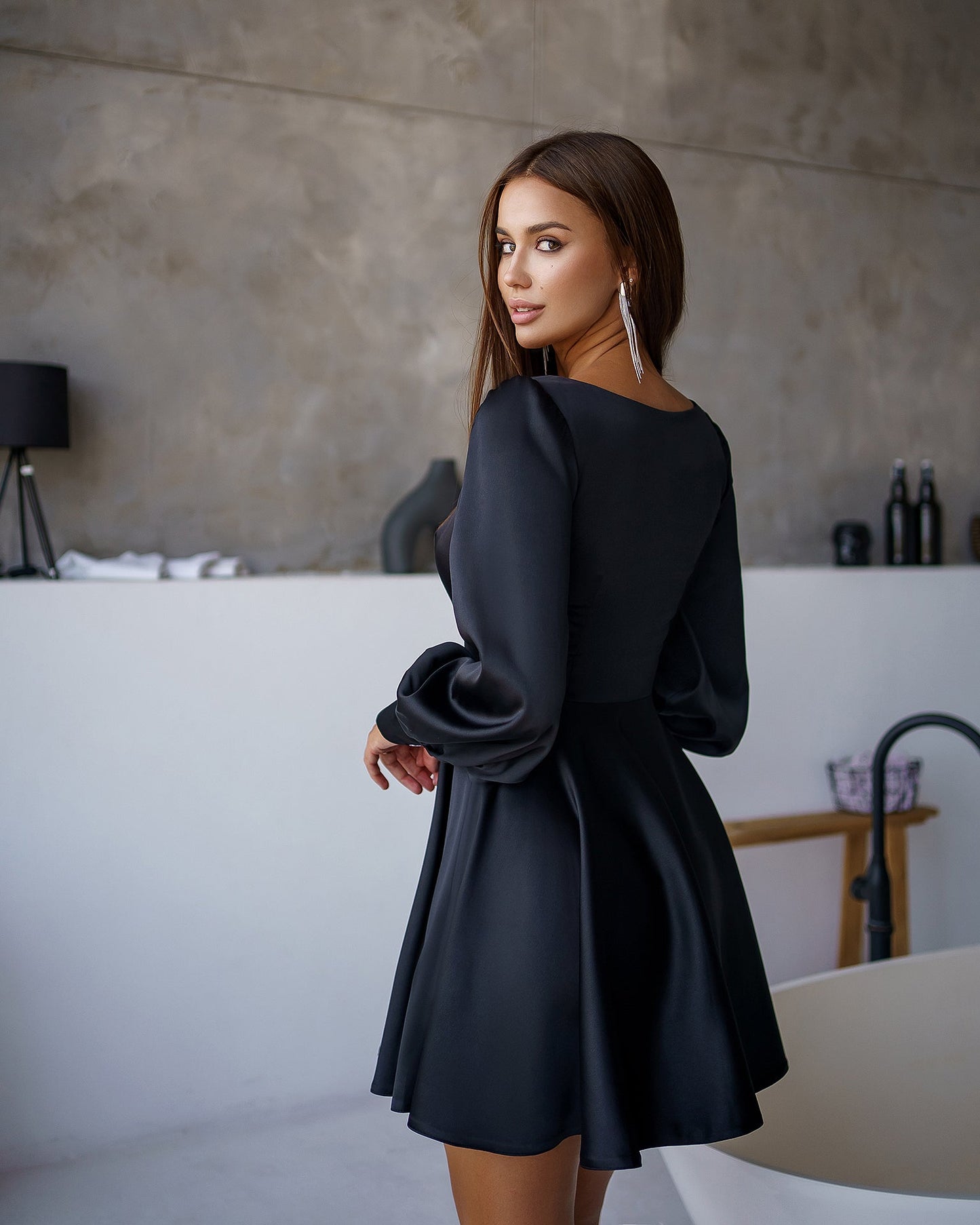Black Satin Long Sleeve Mini Dress