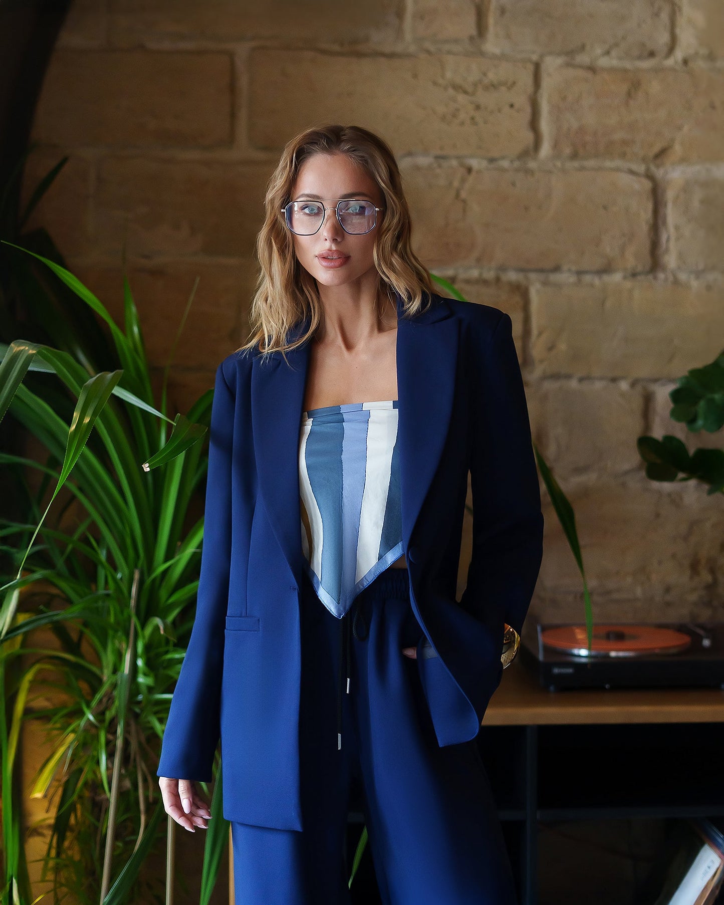 Monica Navy Peak Lapel Wide-Leg Suit 3-Piece