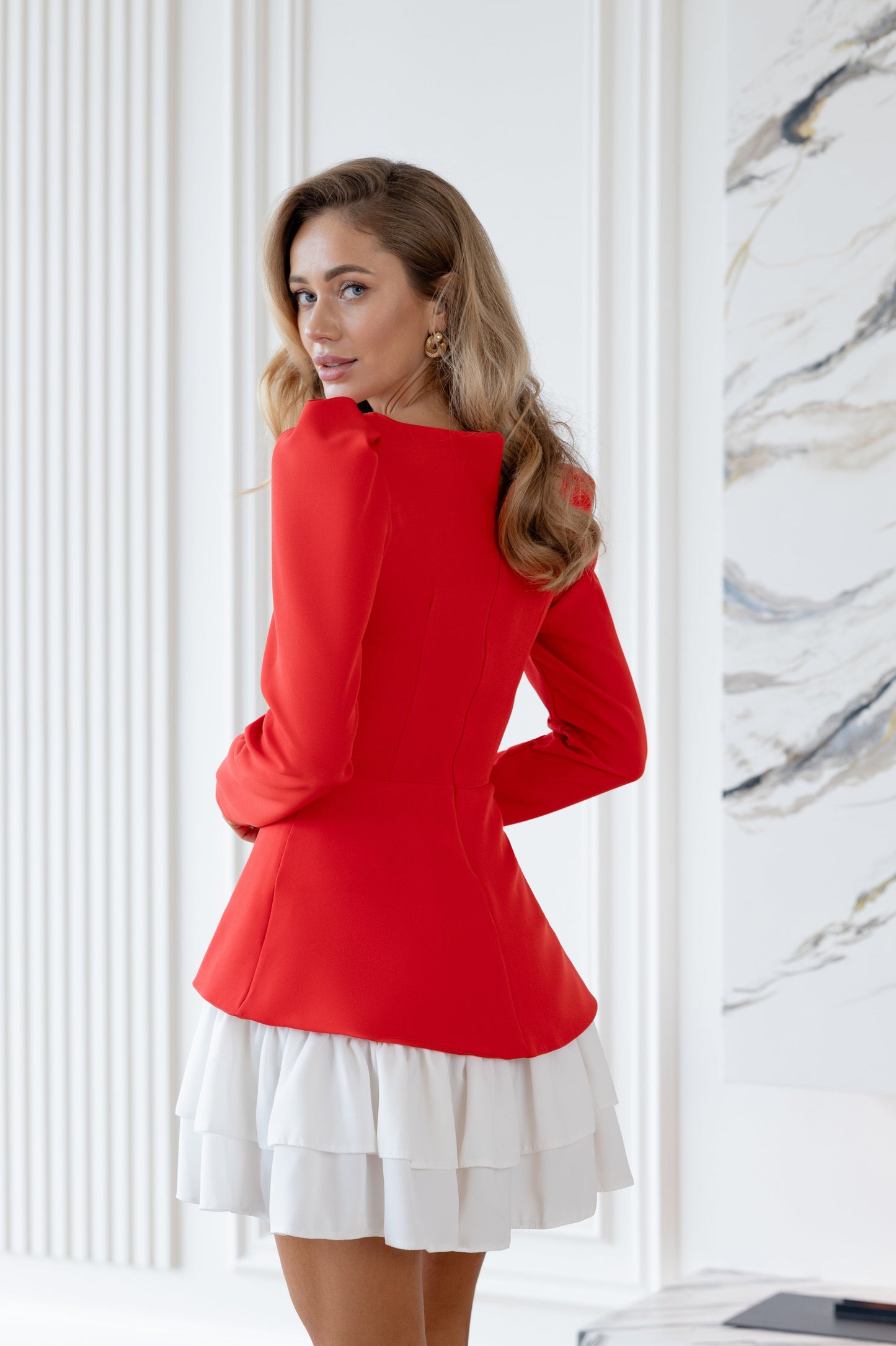 Red Square Neck Puff Sleeve Mini Dress