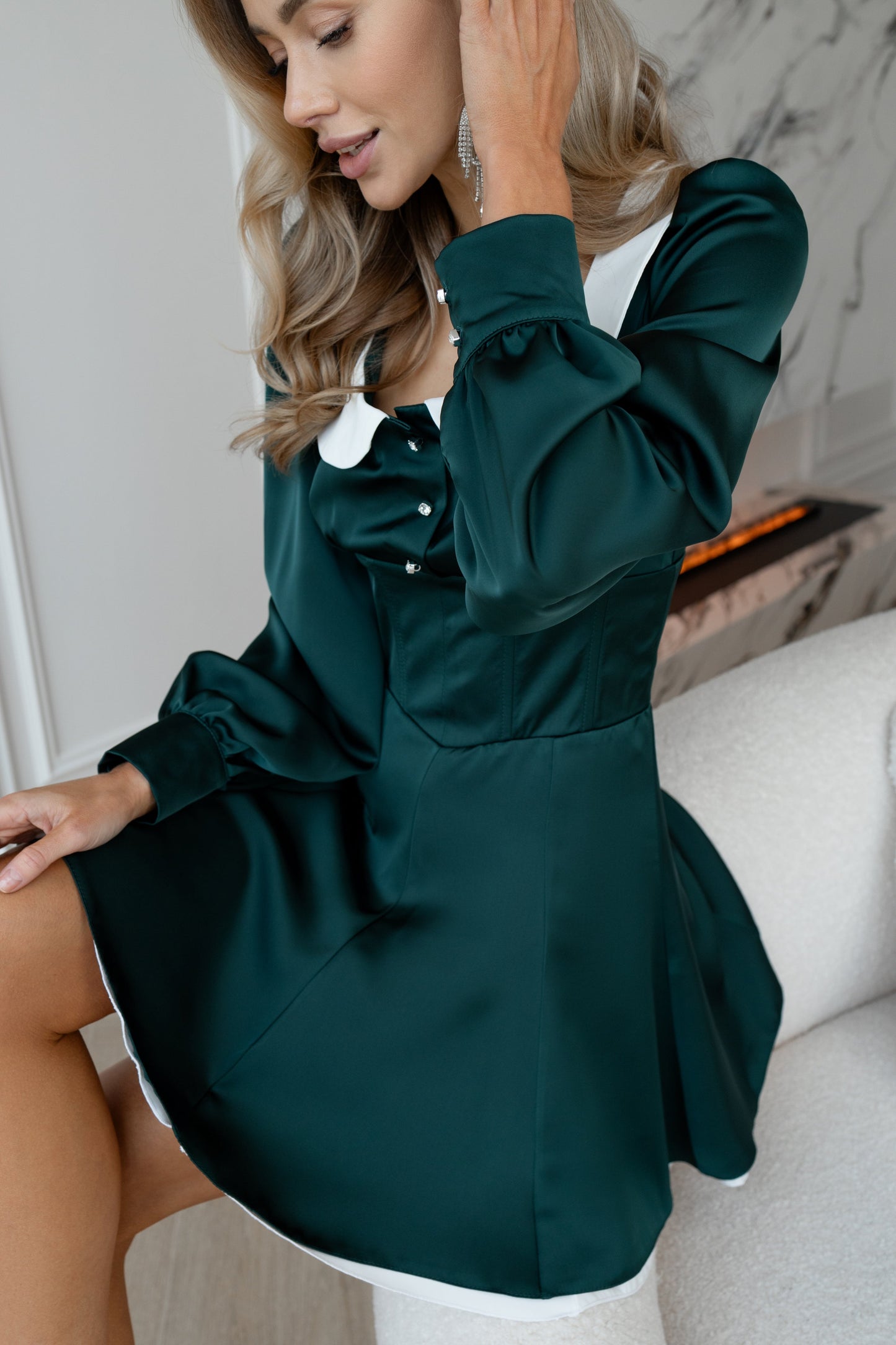 Emerald Collared Puff-Sleeve Mini Dress