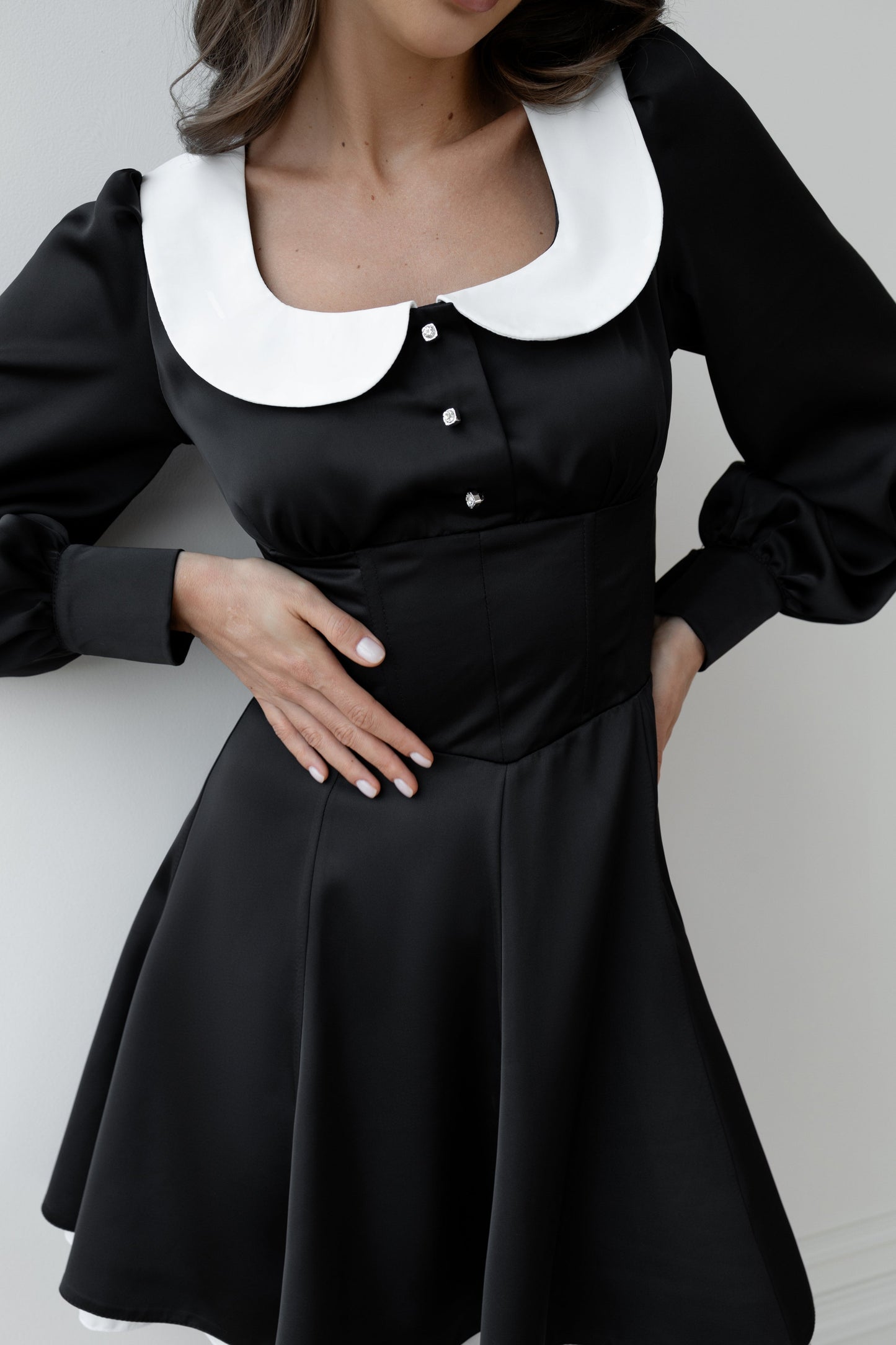 Black Collared Puff-Sleeve Mini Dress