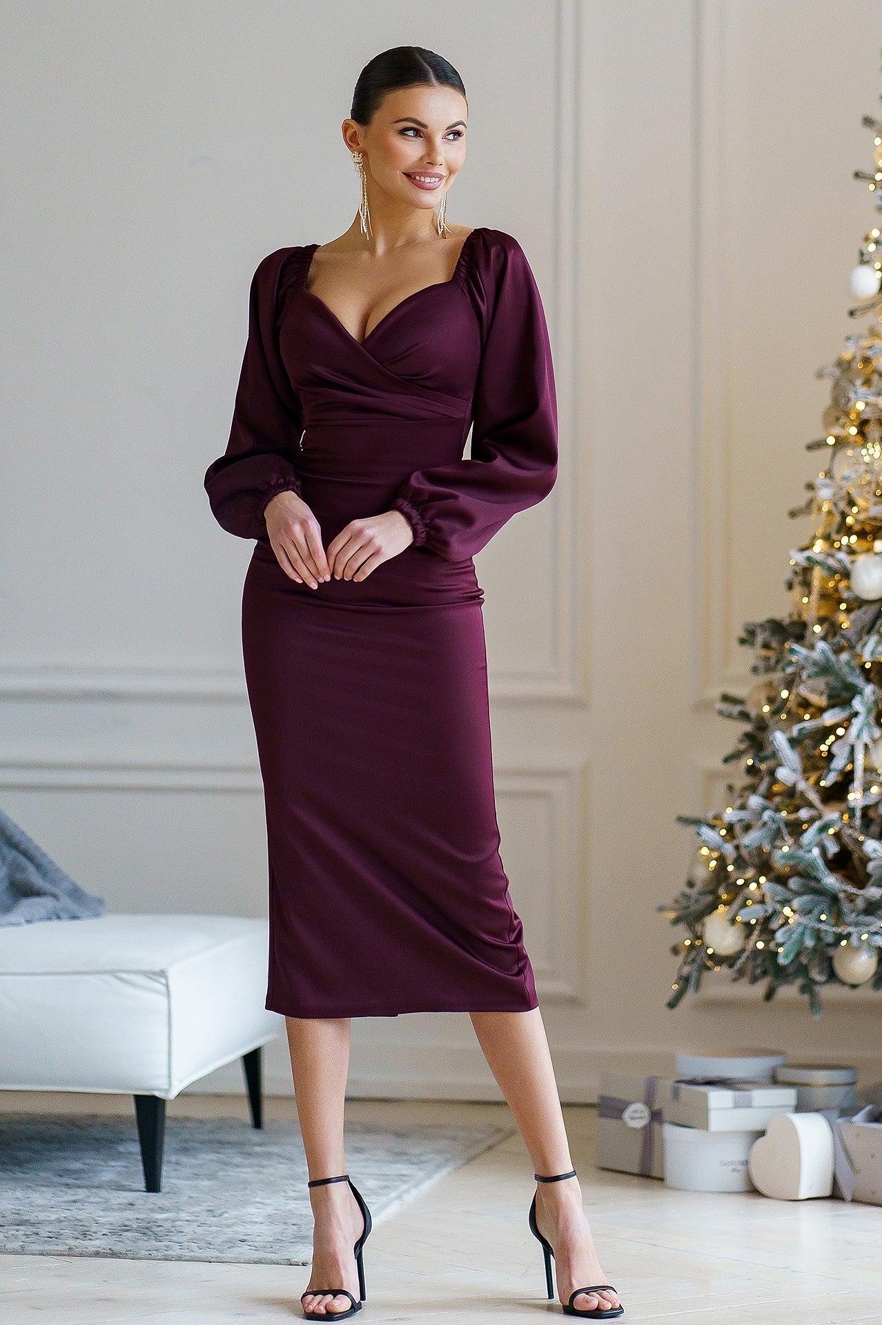 Bordeaux Satin Puff-Sleeve Midi Dress