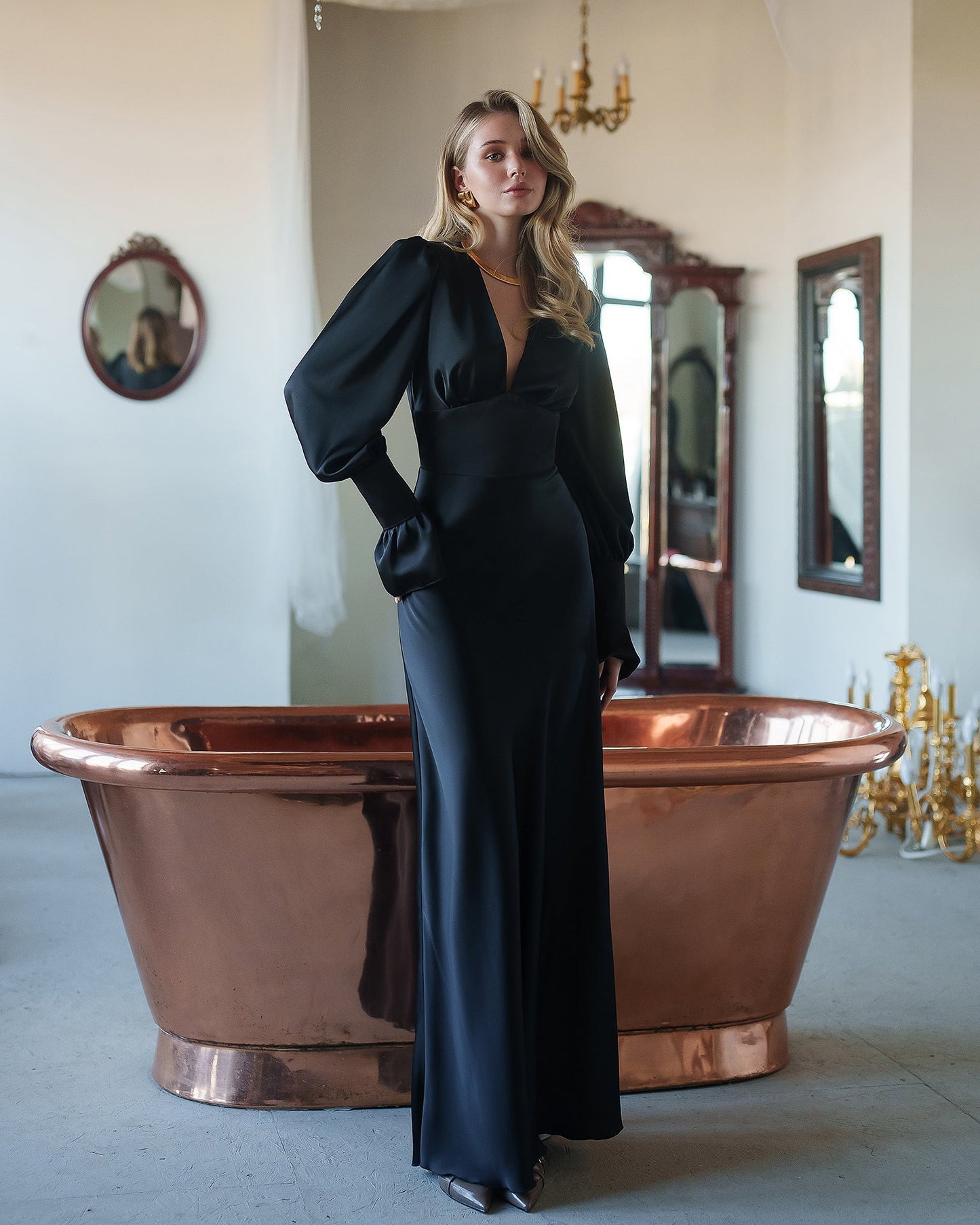 Gloria Black Satin V-Neck Puff-Sleeve Maxi Dress