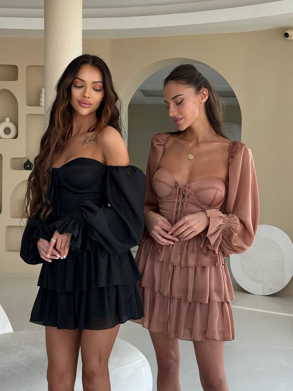 Black Chiffon Mini Dress With Ruffles