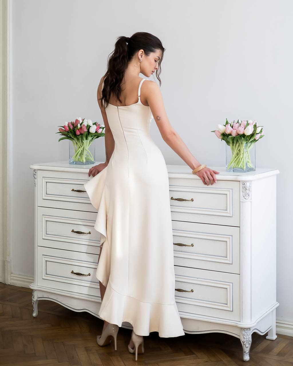 Cream Blush Asymmetric Ruffle Midi Dress