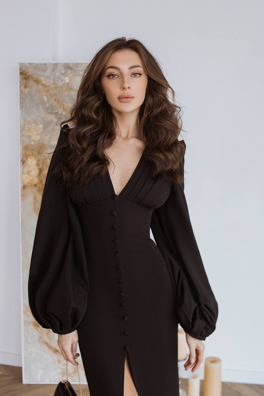 Black Backless Puff Sleeve Midi Dress