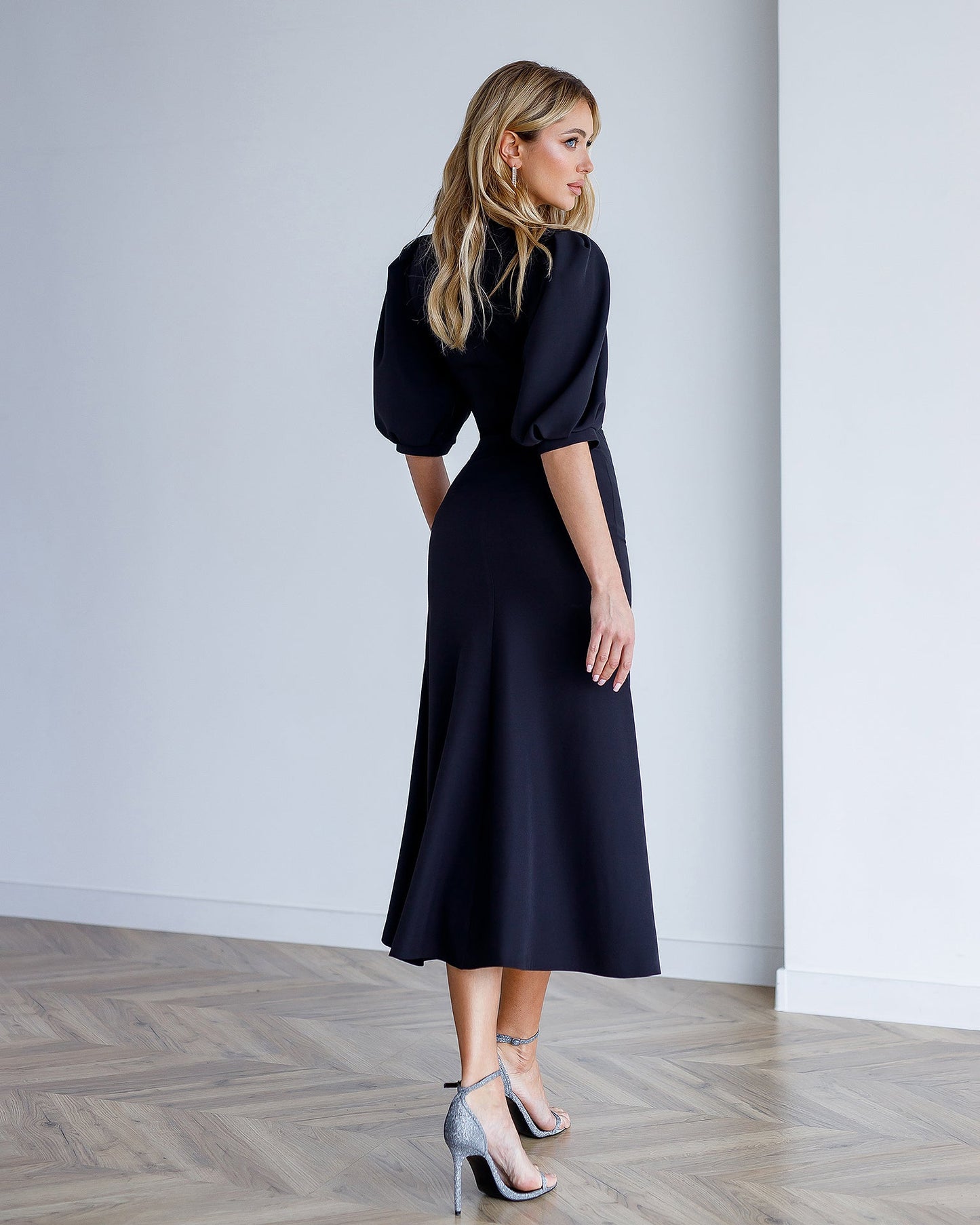 Black Puff-Sleeve Midi Dress