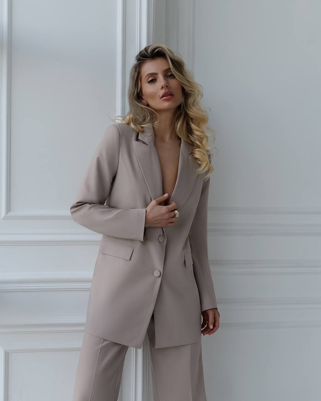 Beige Wide-Leg Suit 2-Piece