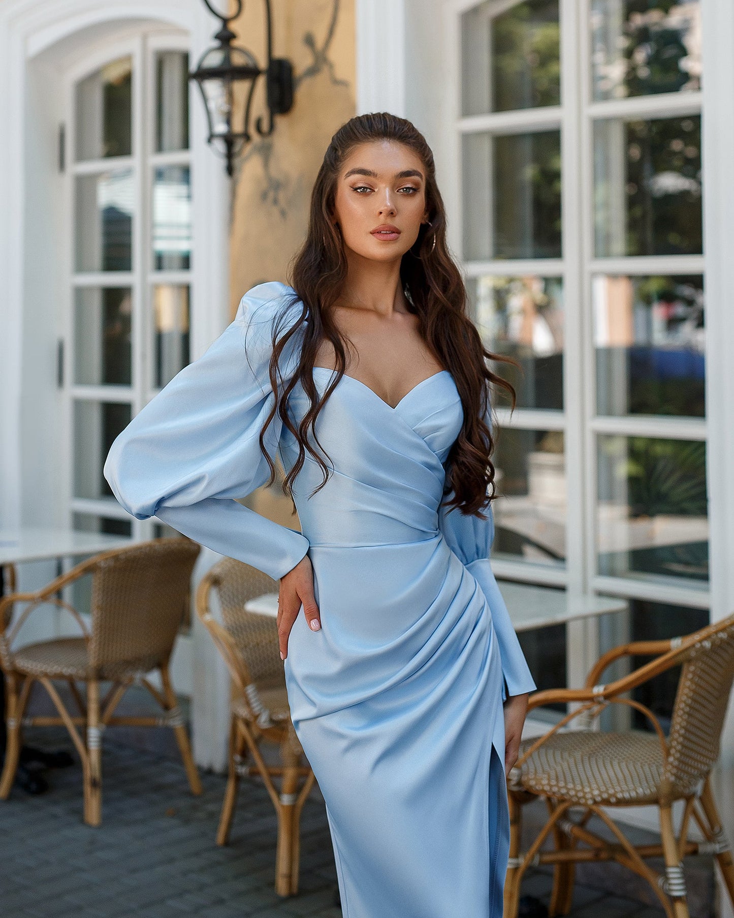 Sky-Blue Satin Puff-Sleeve Midi Dress