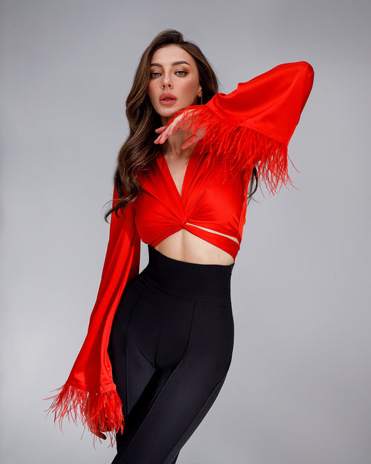 Red Silk Feather Sleeve Blouse