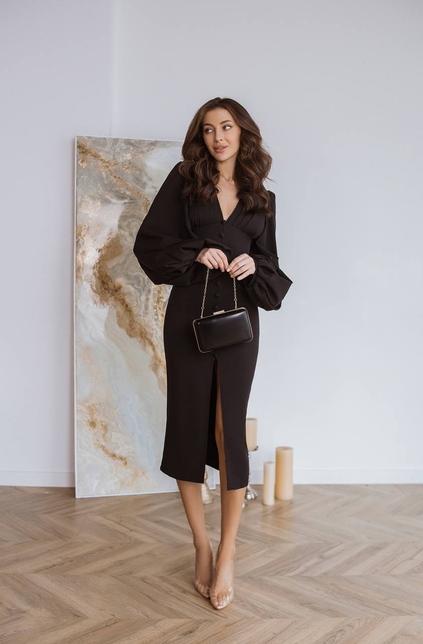 Black Backless Puff Sleeve Midi Dress