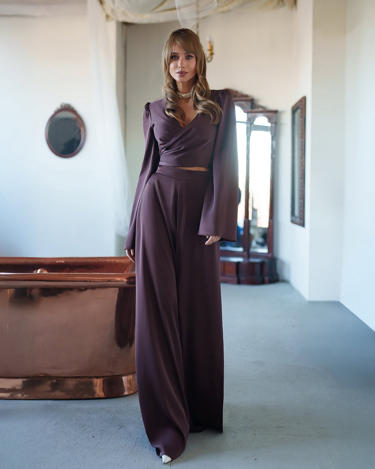 Brown Satin Bell-Sleeve Wrap Top & Wide-Leg Pants 2-Piece Set