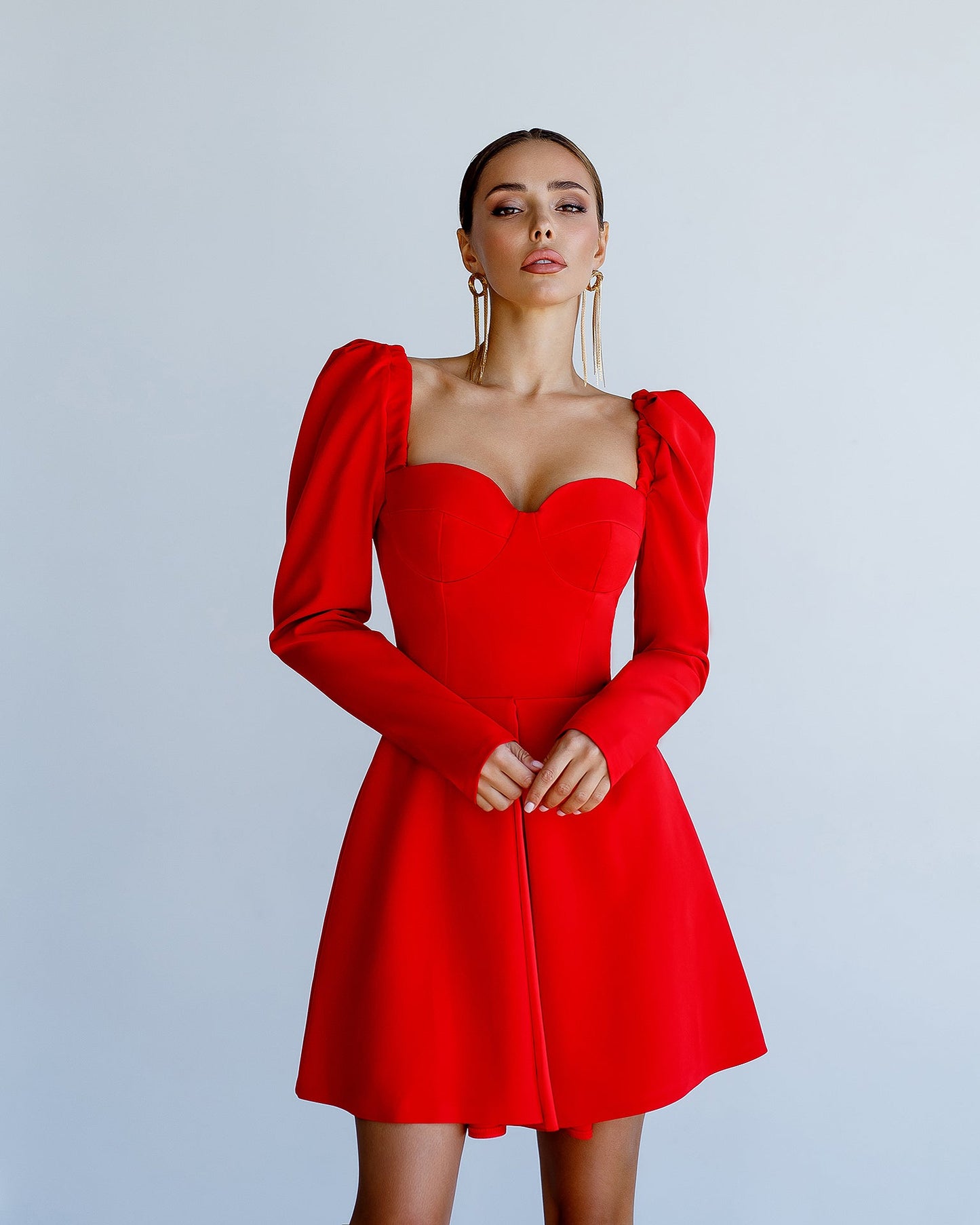 Red Sweetheart Puff-Sleeve Mini Dress