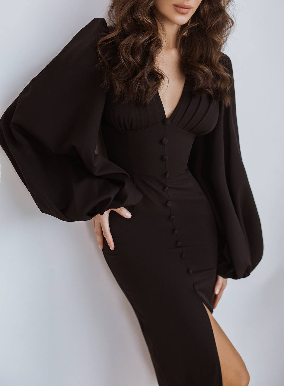Black Backless Puff Sleeve Midi Dress