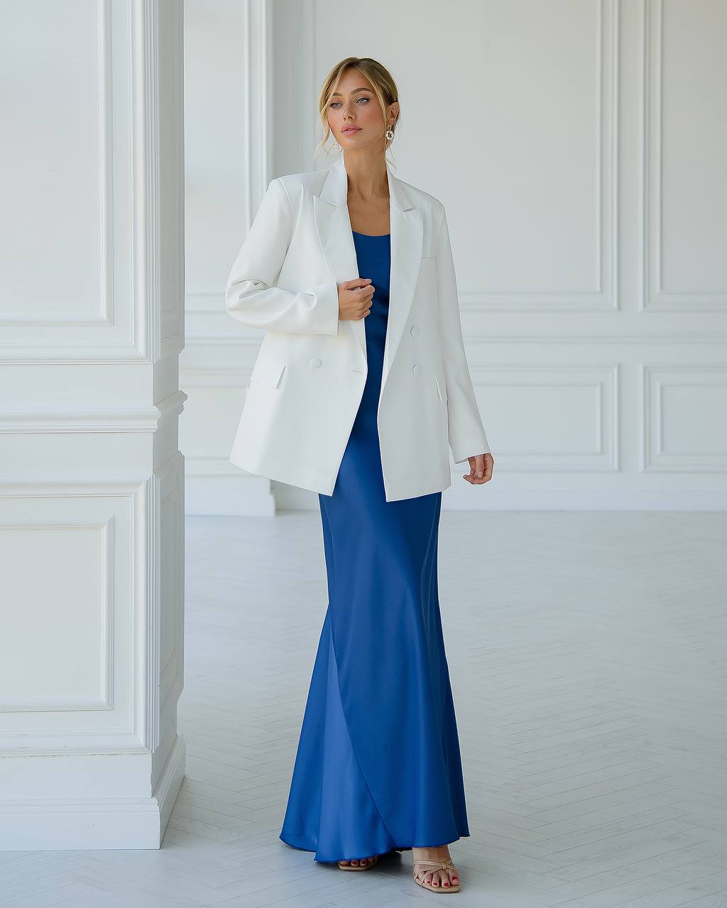 Blue Satin Slip Midi Dress
