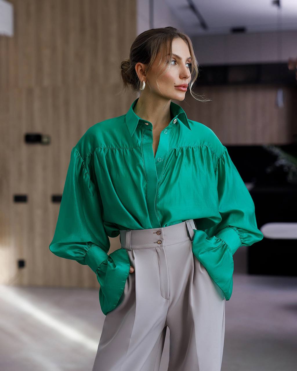 Green Sheer blouse with cuffs