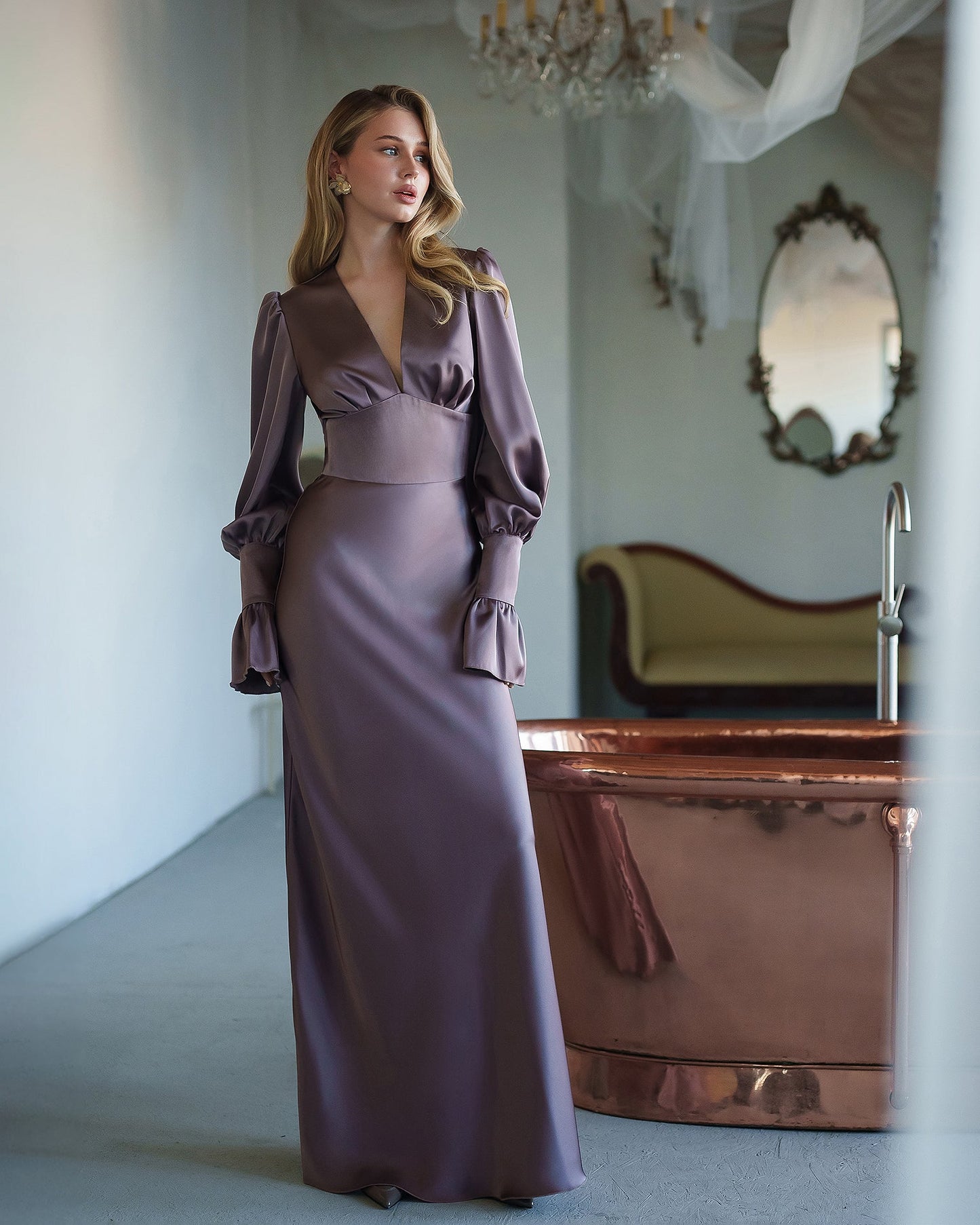 Gloria Mocco Satin V-Neck Puff-Sleeve Maxi Dress