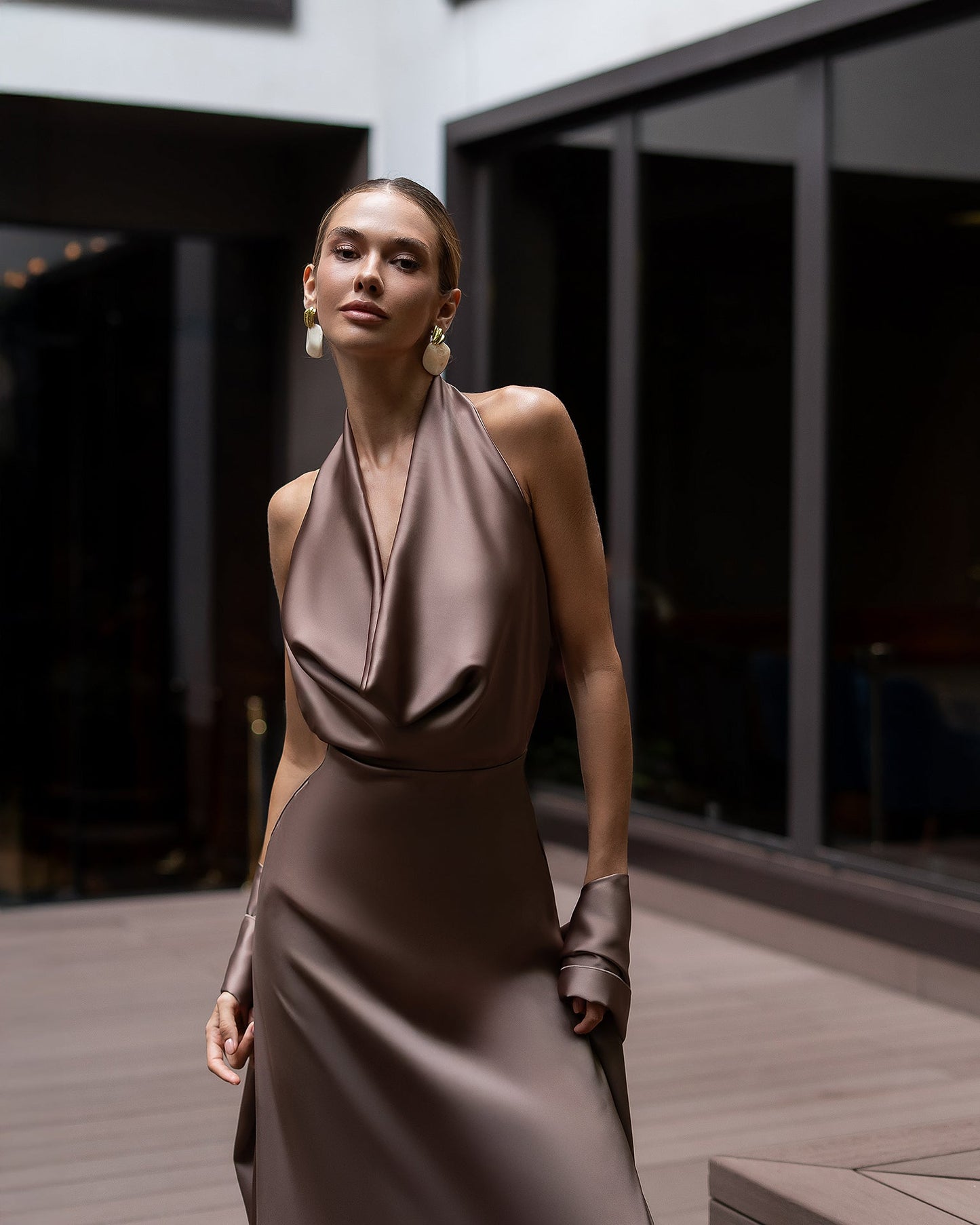 Céline Brown Satin Drape Halter-Neck Backless Maxi Dress