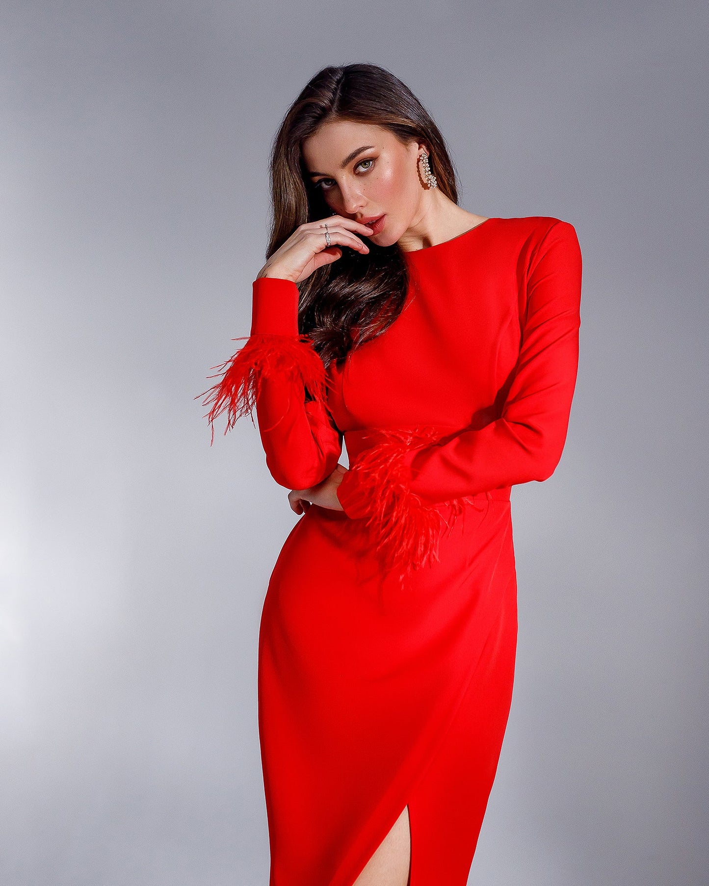 Red Long Sleeve Midi Dress