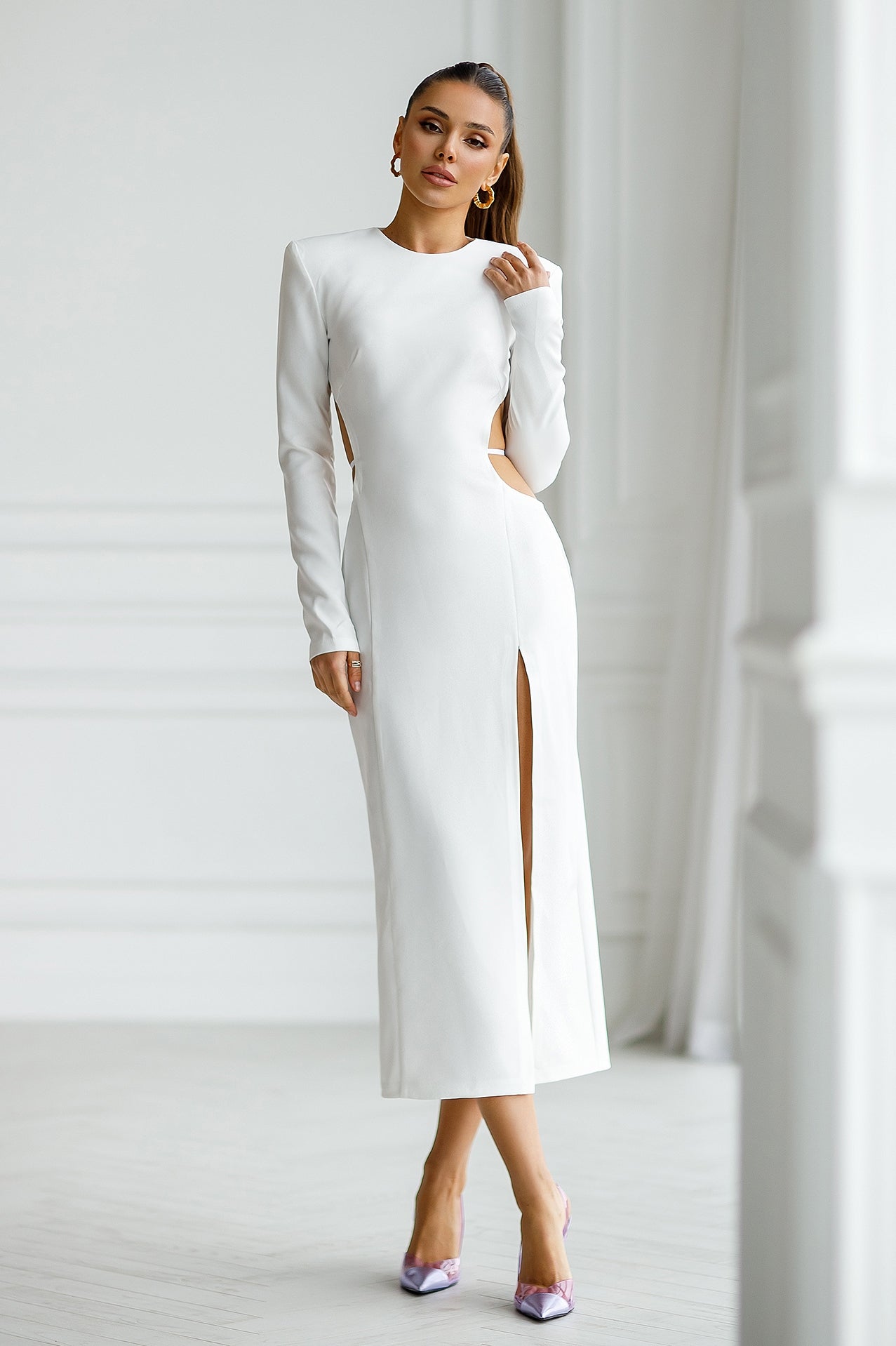 Ivory Backless Long Sleeve Midi Dress
