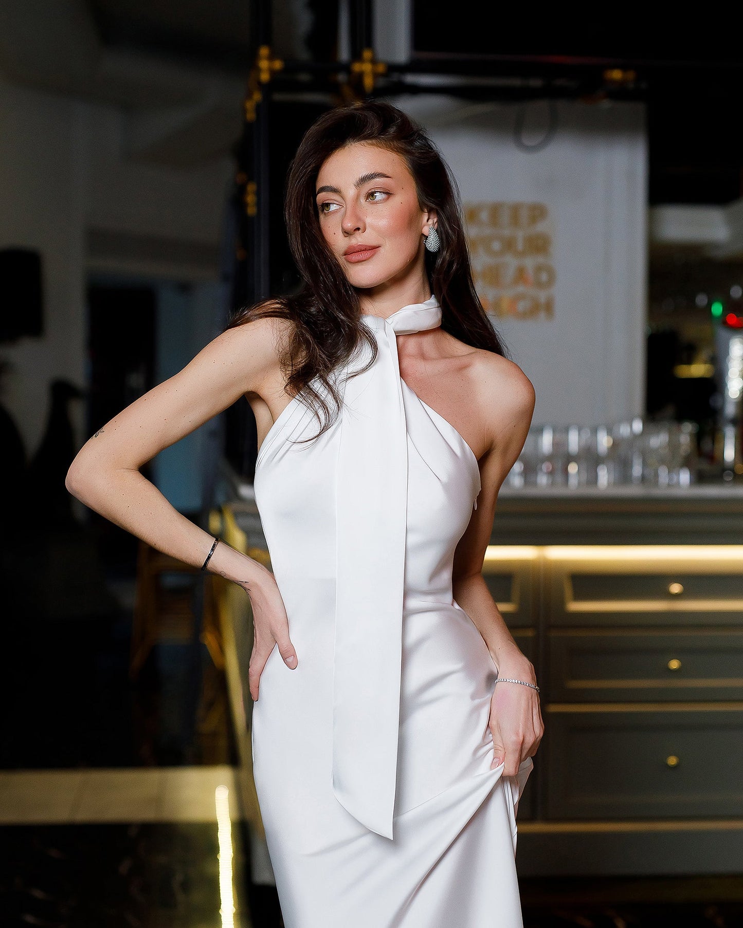 Monica White Halter Neck Satin Midi Dress