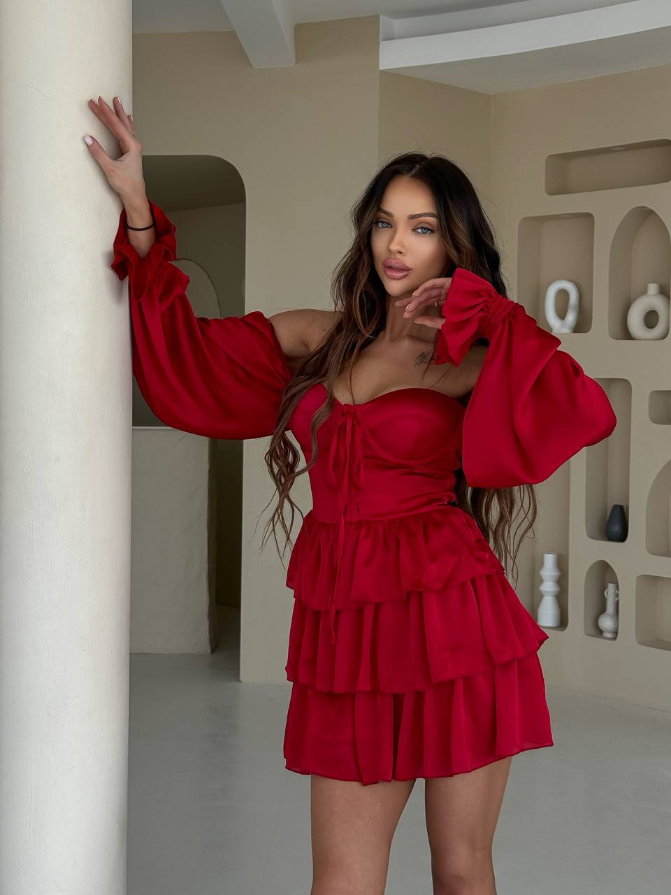 fitted lace wedding dress Red Chiffon Mini Dress With Ruffles trinarosh fitted lace wedding dress Red Chiffon Mini Dress With Ruffles trinarosh