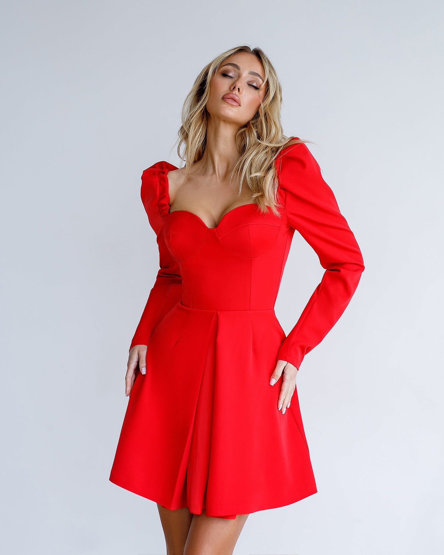 Red Sweetheart Puff-Sleeve Mini Dress
