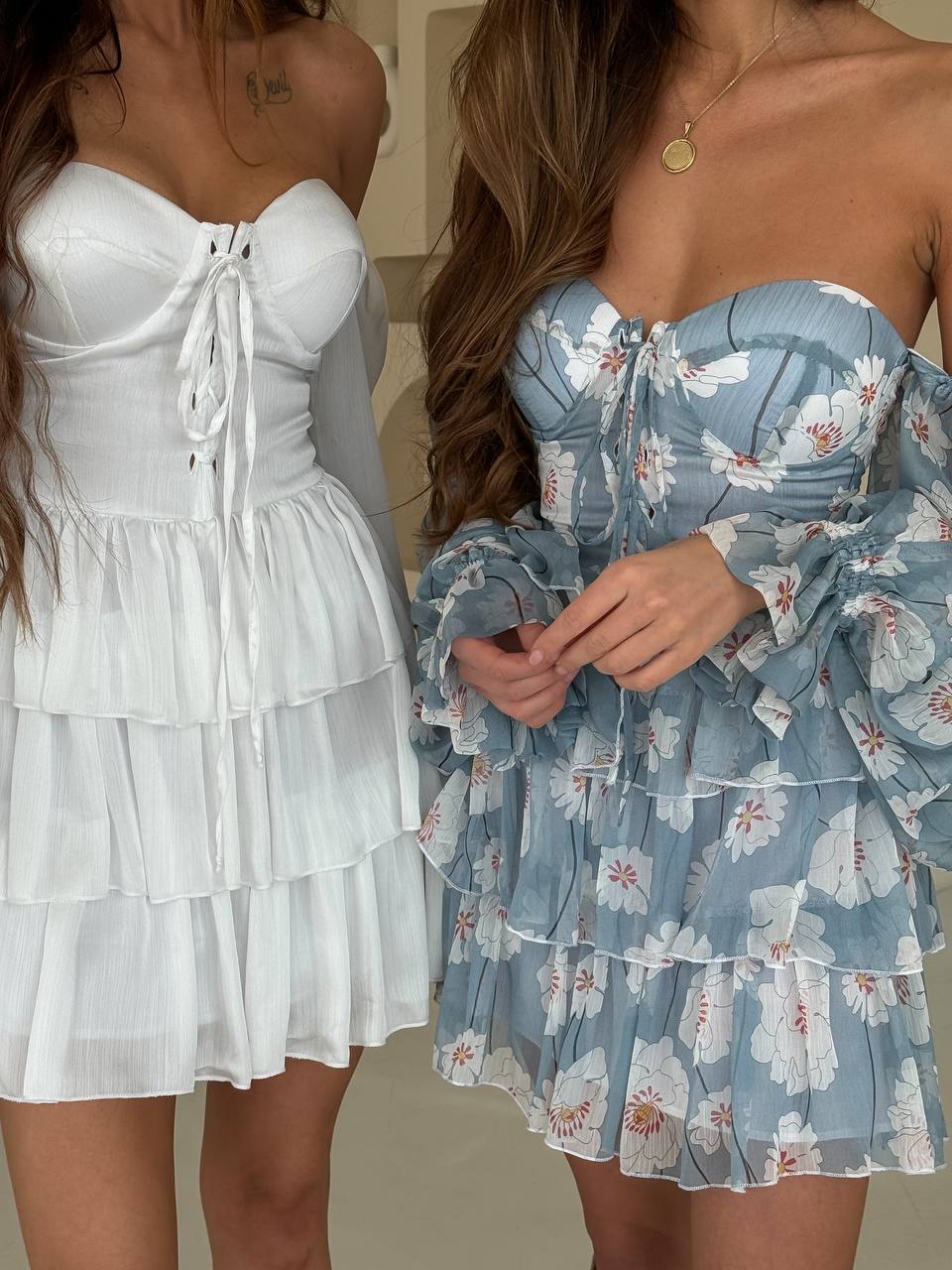 White Chiffon Mini Dress With Ruffles
