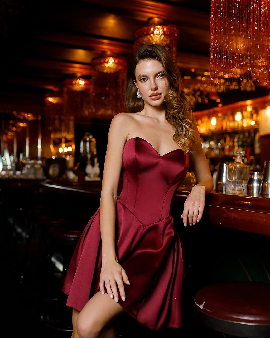 Burgundy Satin Mini Corset Dress with a Fluffy Skirt trinarosh Burgundy Satin Mini Corset Dress with a Fluffy Skirt trinarosh