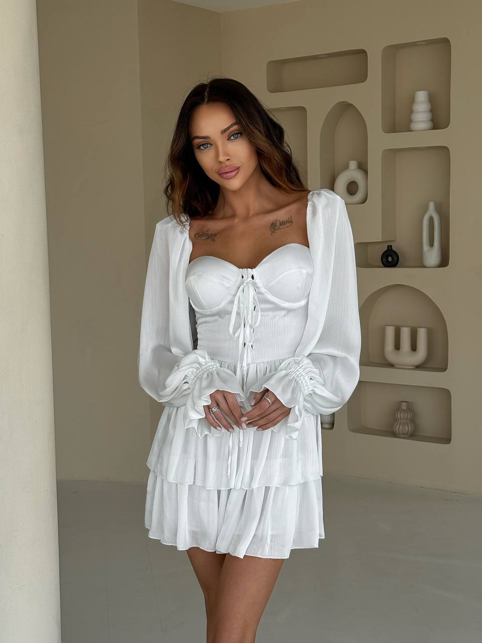 White Chiffon Mini Dress With Ruffles trinarosh White Chiffon Mini Dress With Ruffles trinarosh