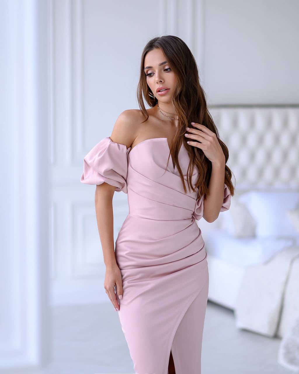 Dusty Pink Satin Puff-Sleeve Midi Dress