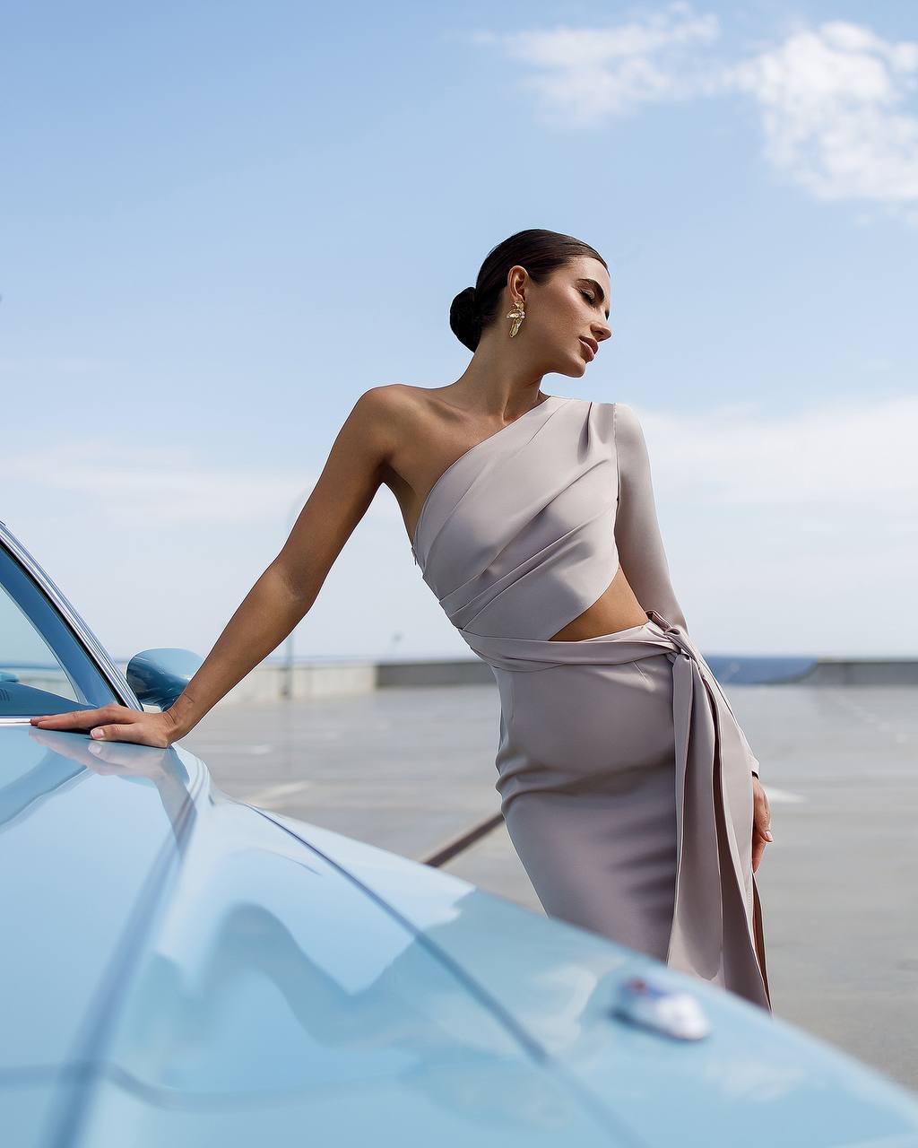 Beige Elegant One-Shoulder Satin Wrap Dress