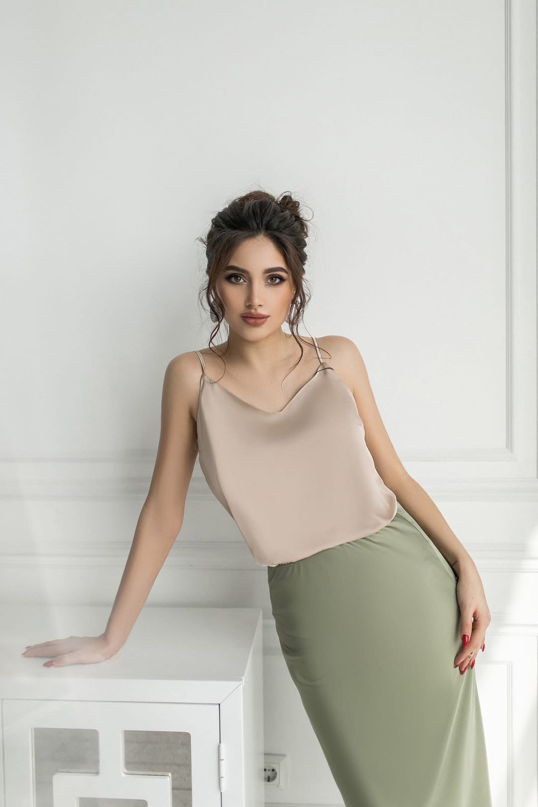 Olive Silk High Waist Midi Skirt