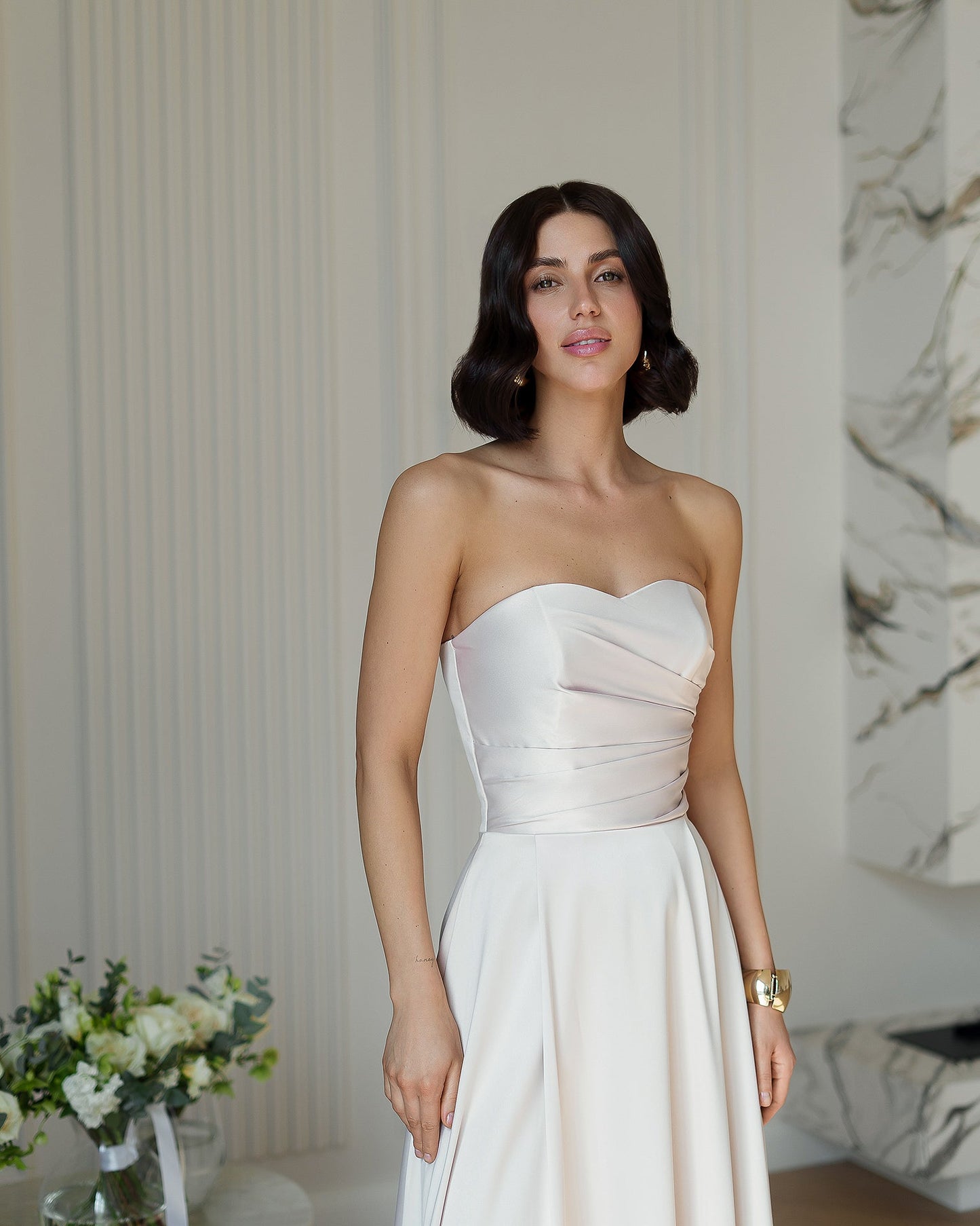 Nova Beige Satin Strapless Sweetheart Midi Dress