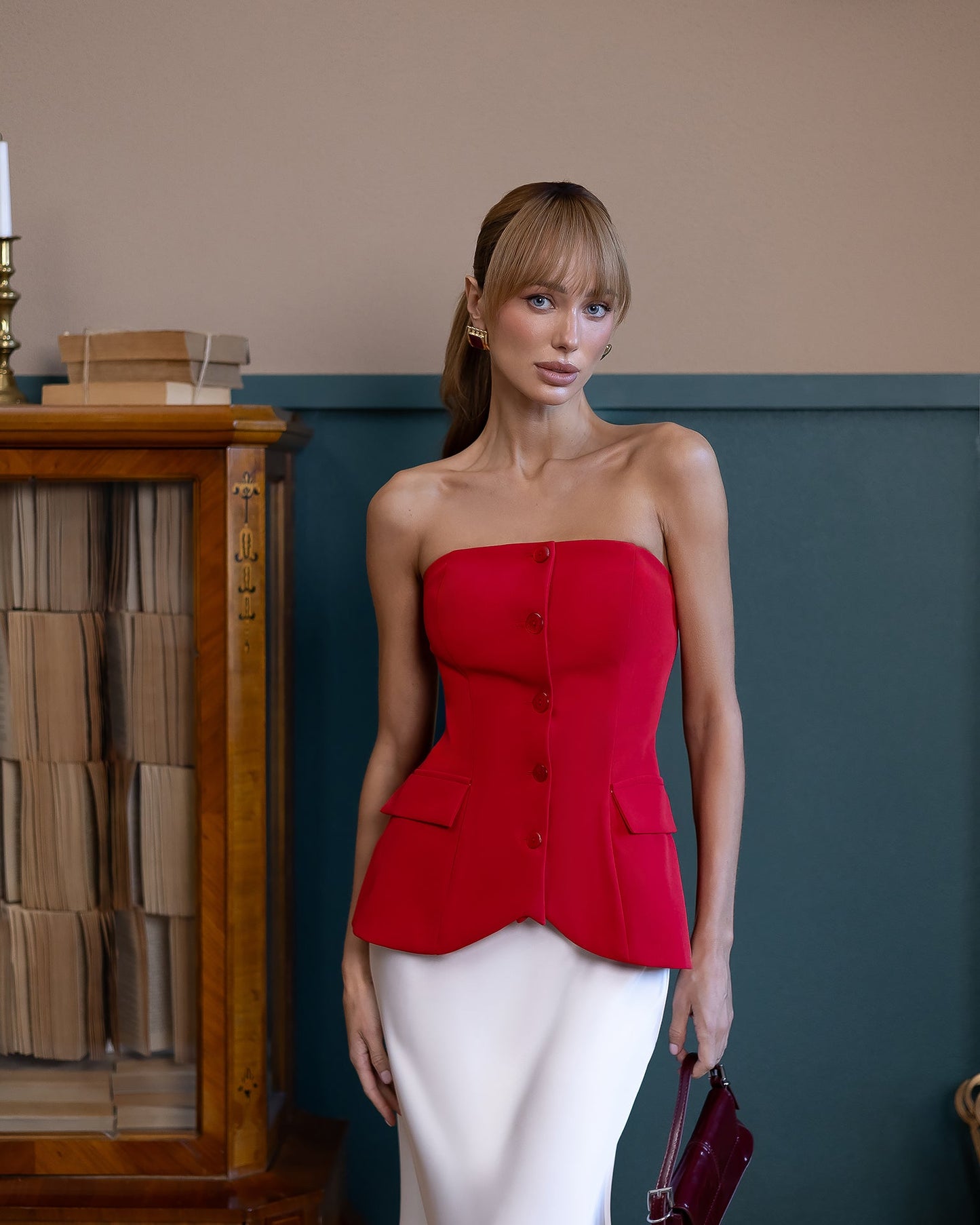 Inès Red Strapless Button-Front Peplum Top