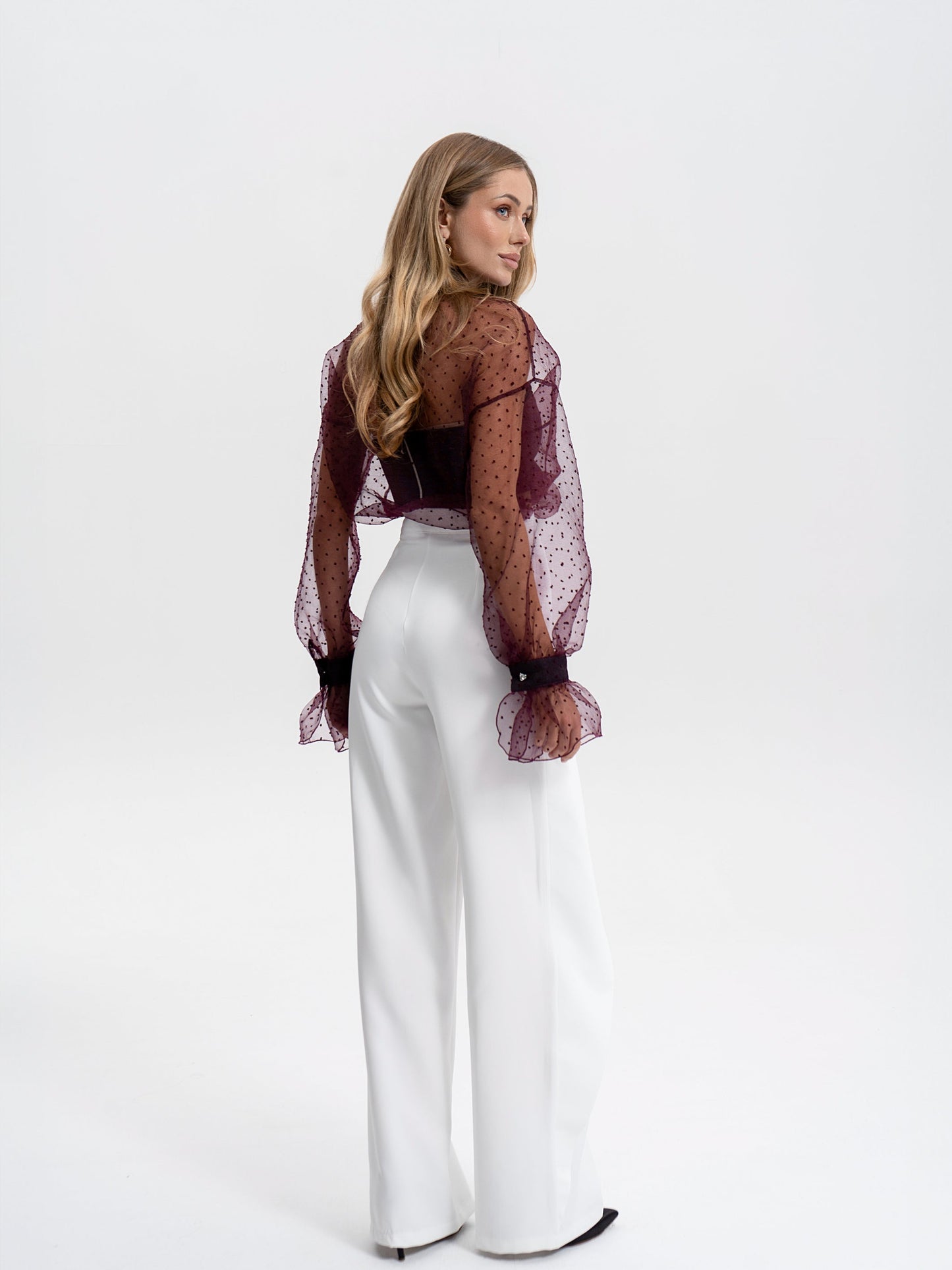 Liora Bordeaux Sheer Organza Polka-Dot Blouse
