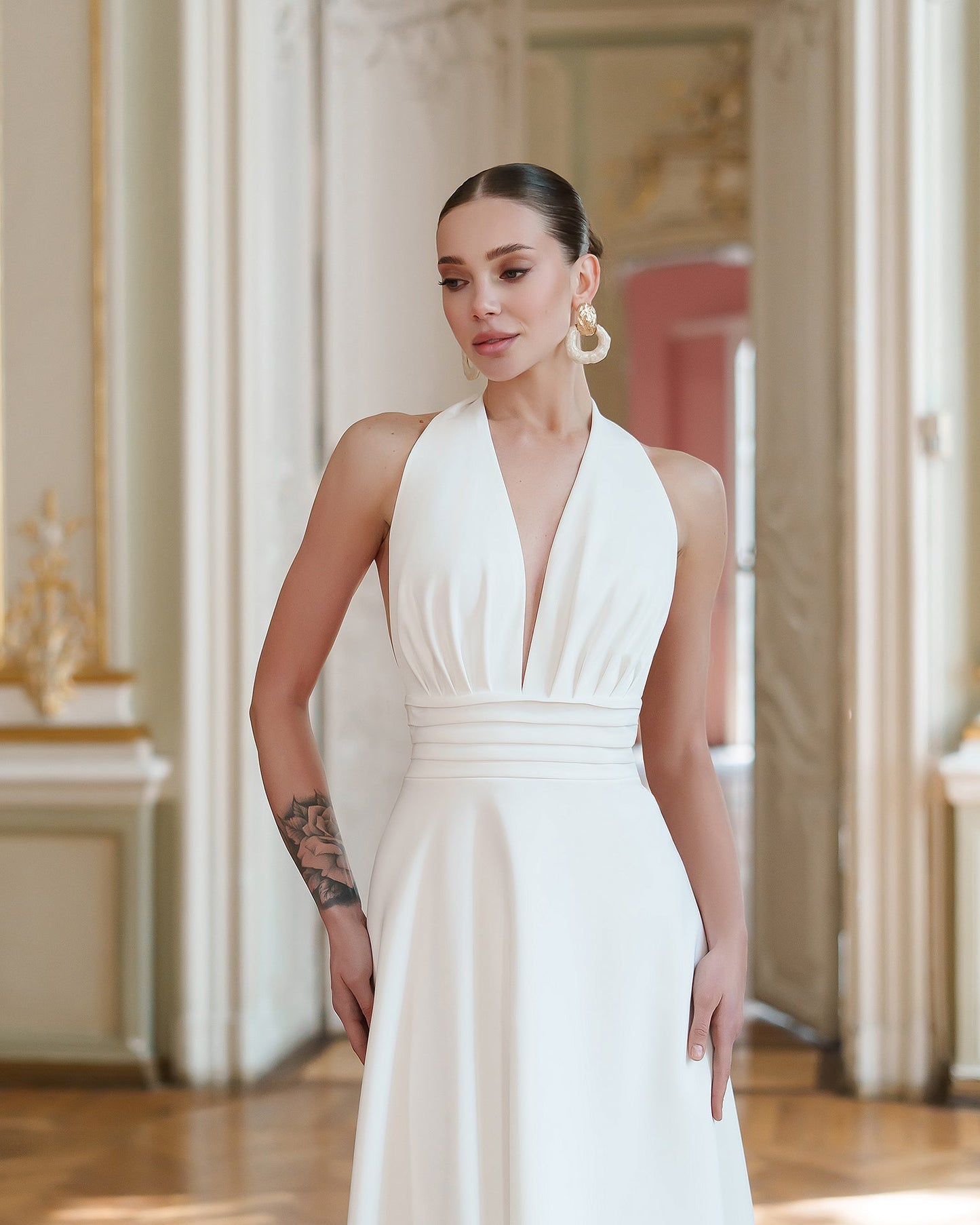 Gloria White Open-Back Halter-Neck Midi Dress