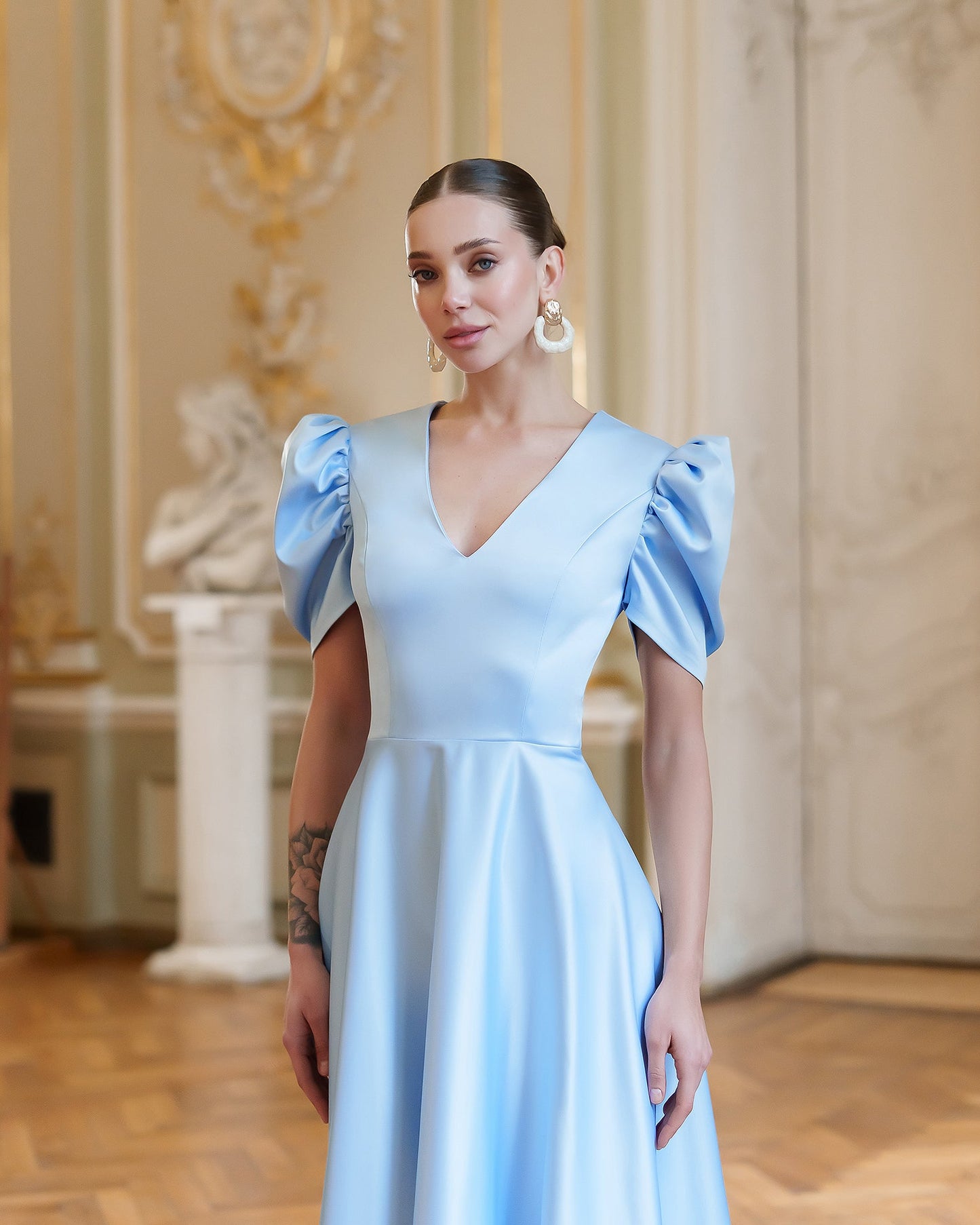 Monica Sky-Blue Satin V-Neck Puff Sleeve Midi Dress