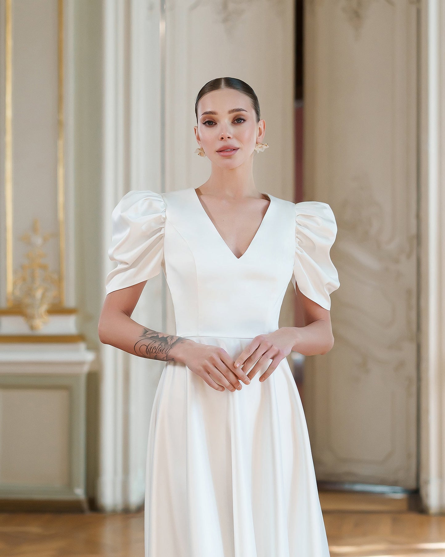 Monica White Satin V-Neck Puff Sleeve Midi Dress