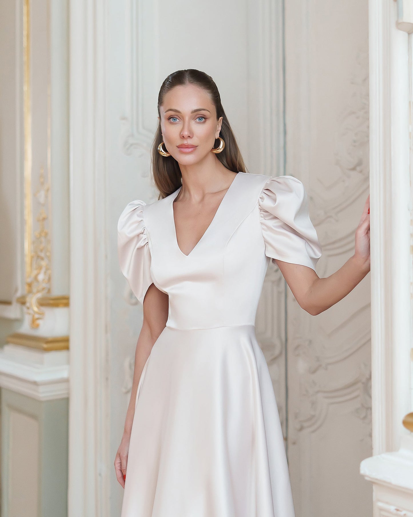 Monica Beige Satin V-Neck Puff Sleeve Midi Dress