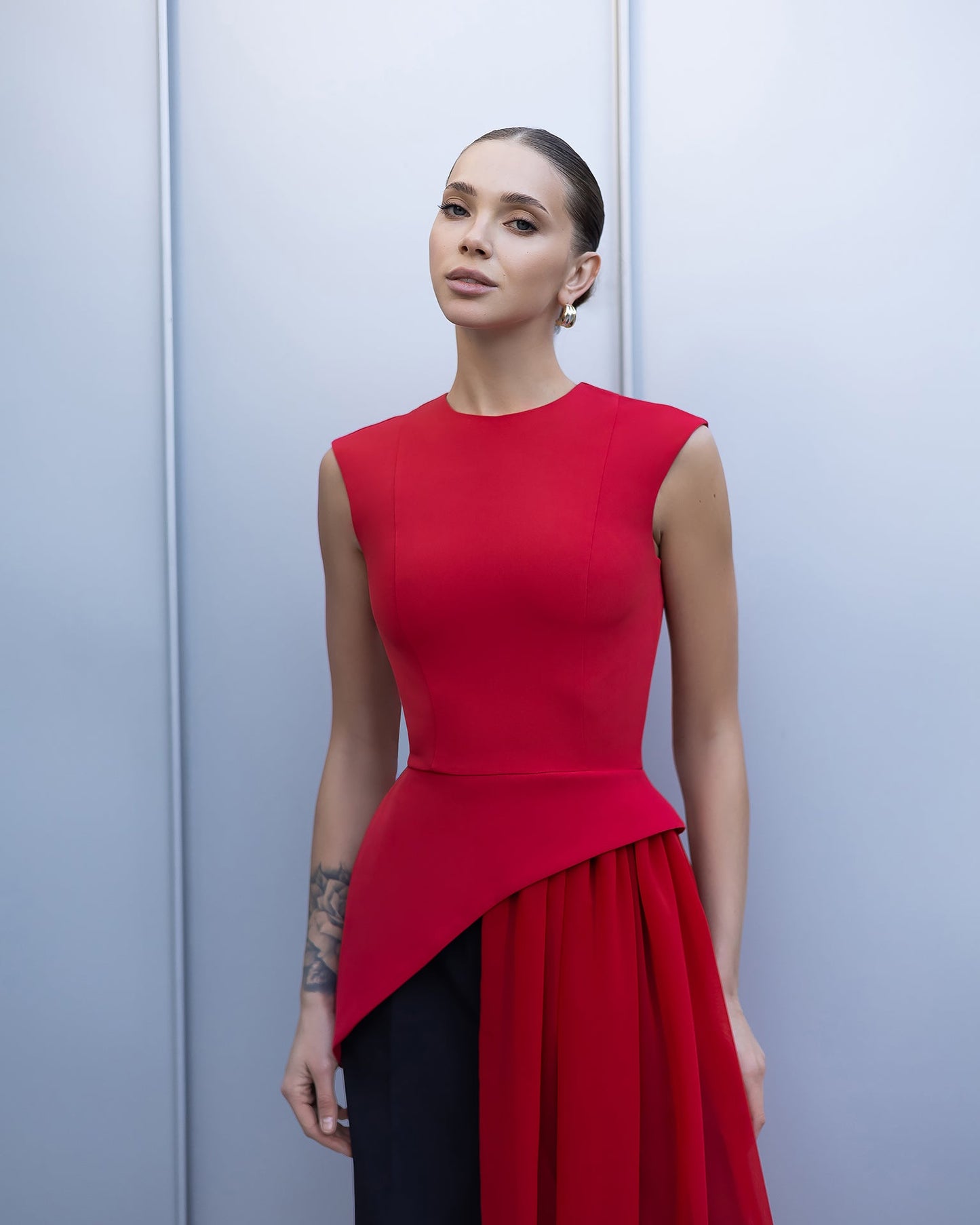 Serena Red Asymmetric Overlay Waist Top