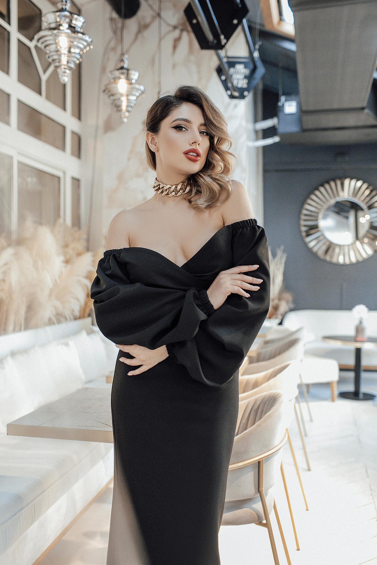 Black Puff-Sleeve Maxi Dress