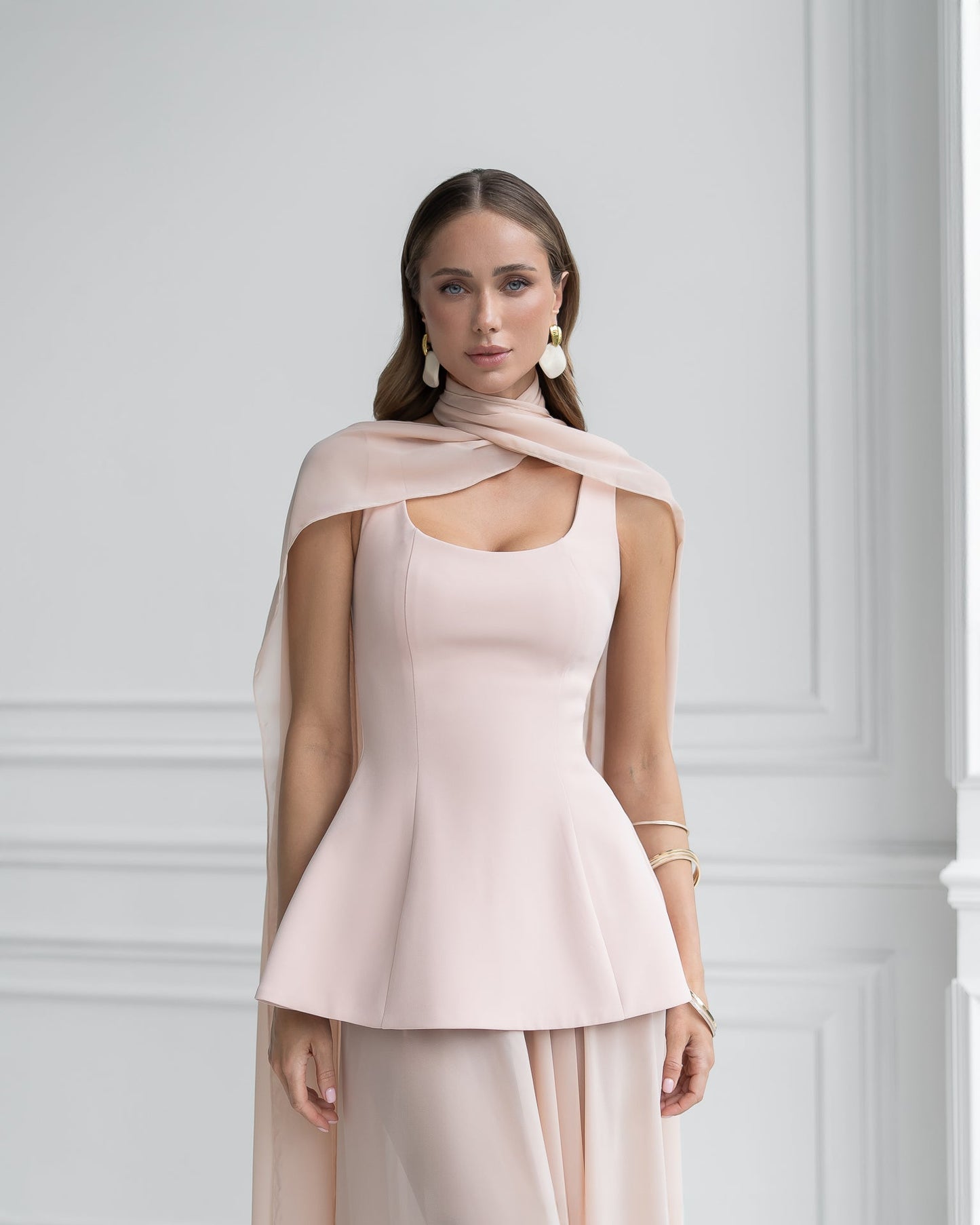 Dusty-Pink Cape-Detail Peplum Chiffon Skirt Maxi Dress