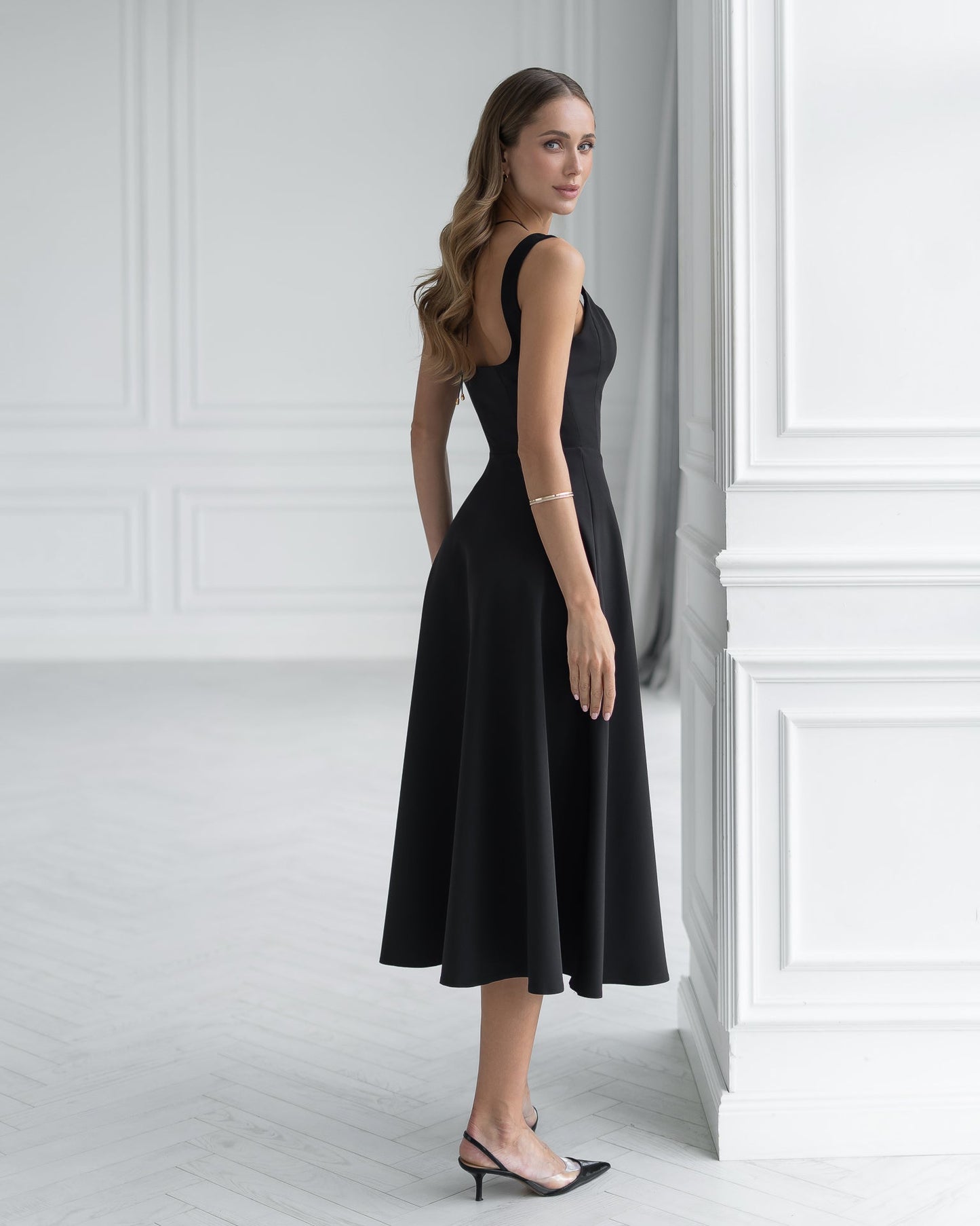 Stella Black Square Neck Backless Midi Dress