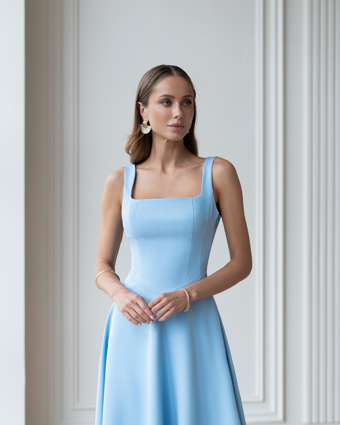 Stella Sky-Blue Square Neck Backless Midi Dress