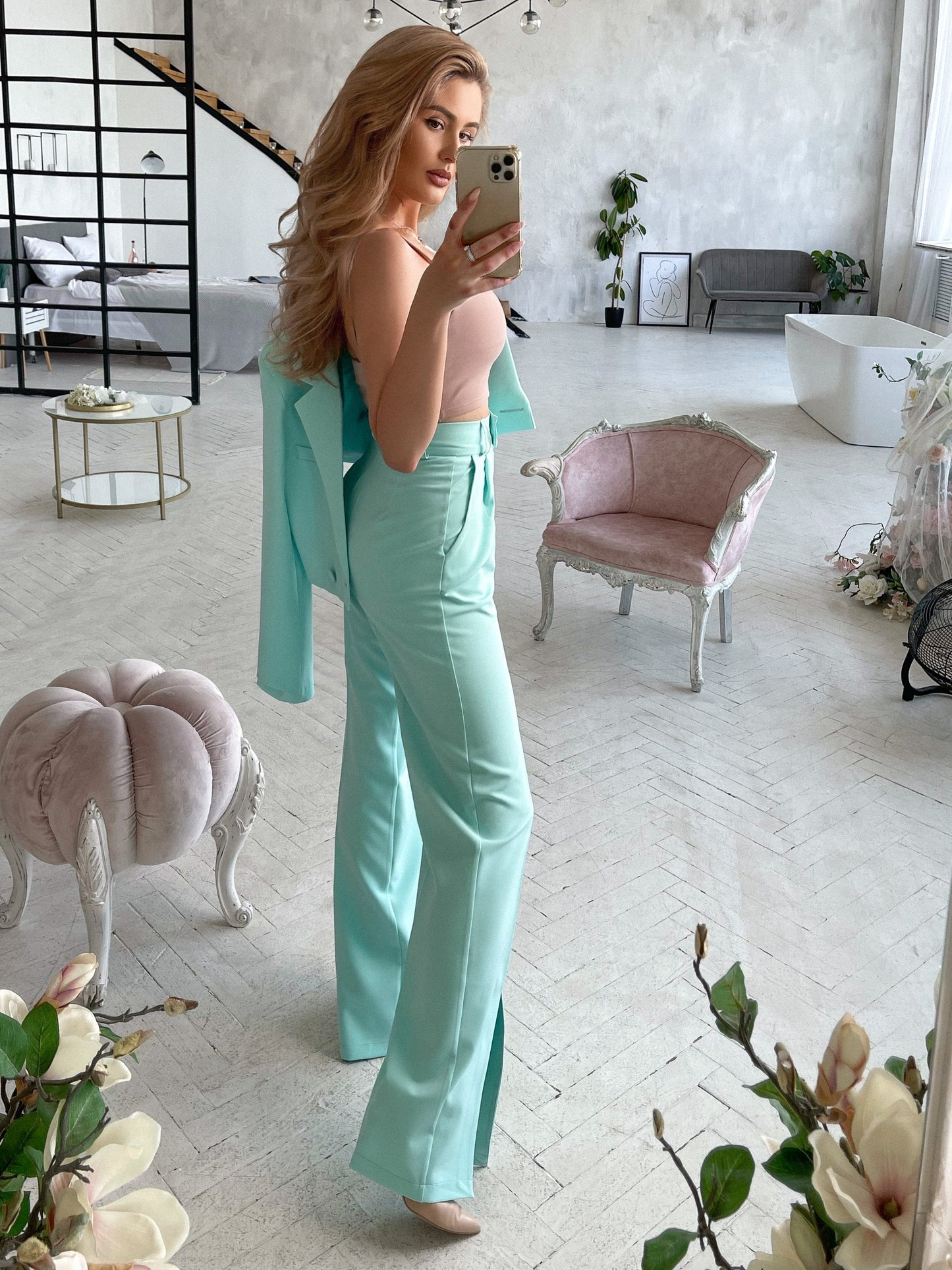 Tiffany-Blue Crop Jacket Suit 2-Piece