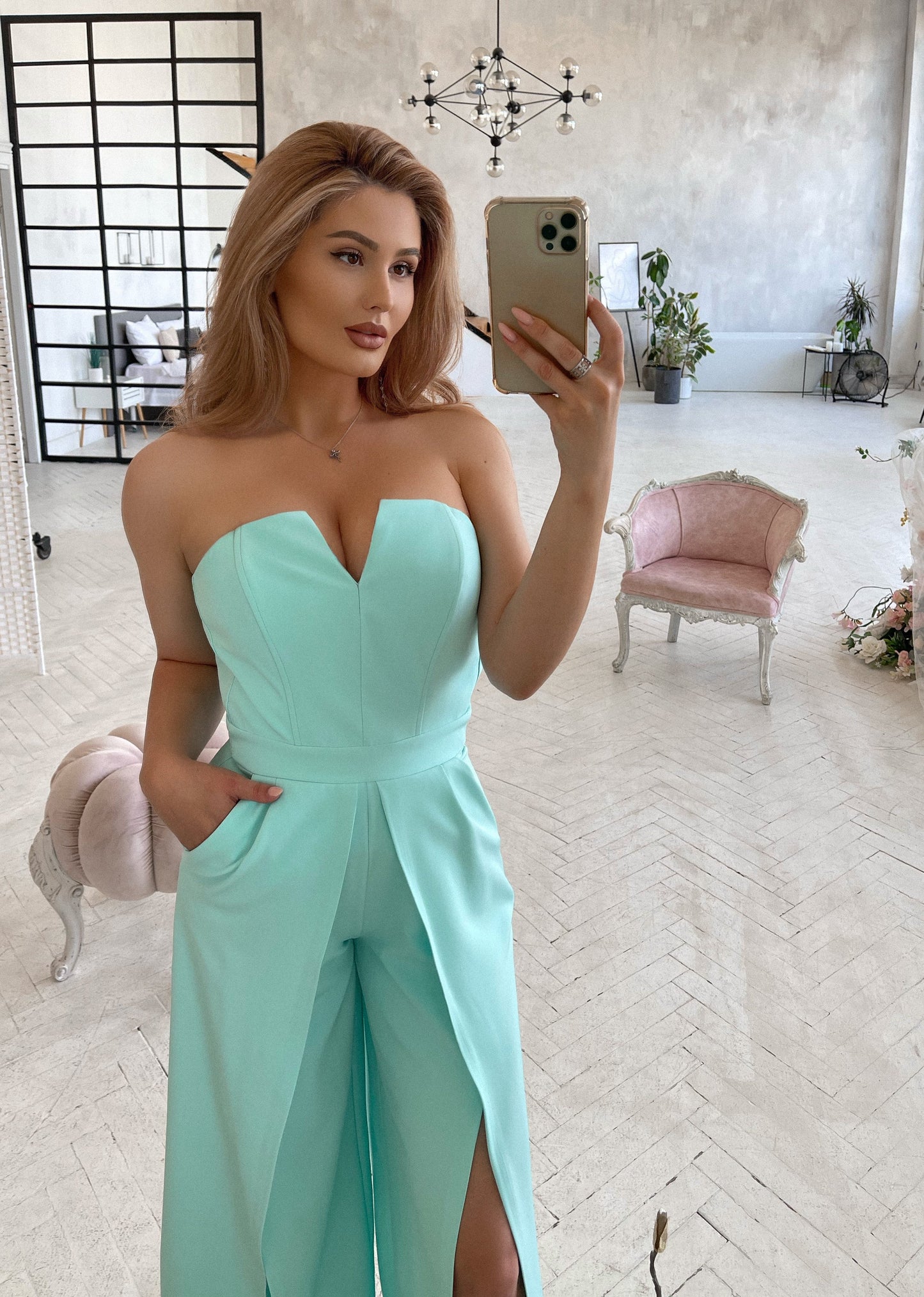 Mint Strapless V-Neck Jumpsuit