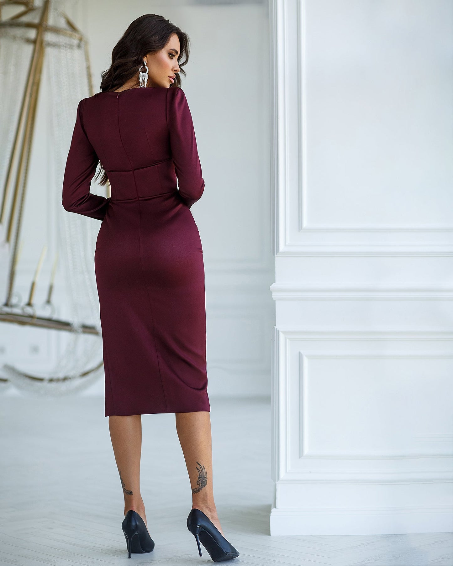 Bordeaux Satin Long Sleeve Midi Dress