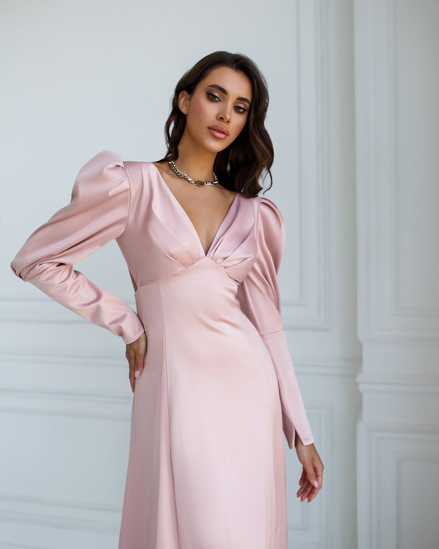 Dusty Pink Satin Bow Back Midi Dress